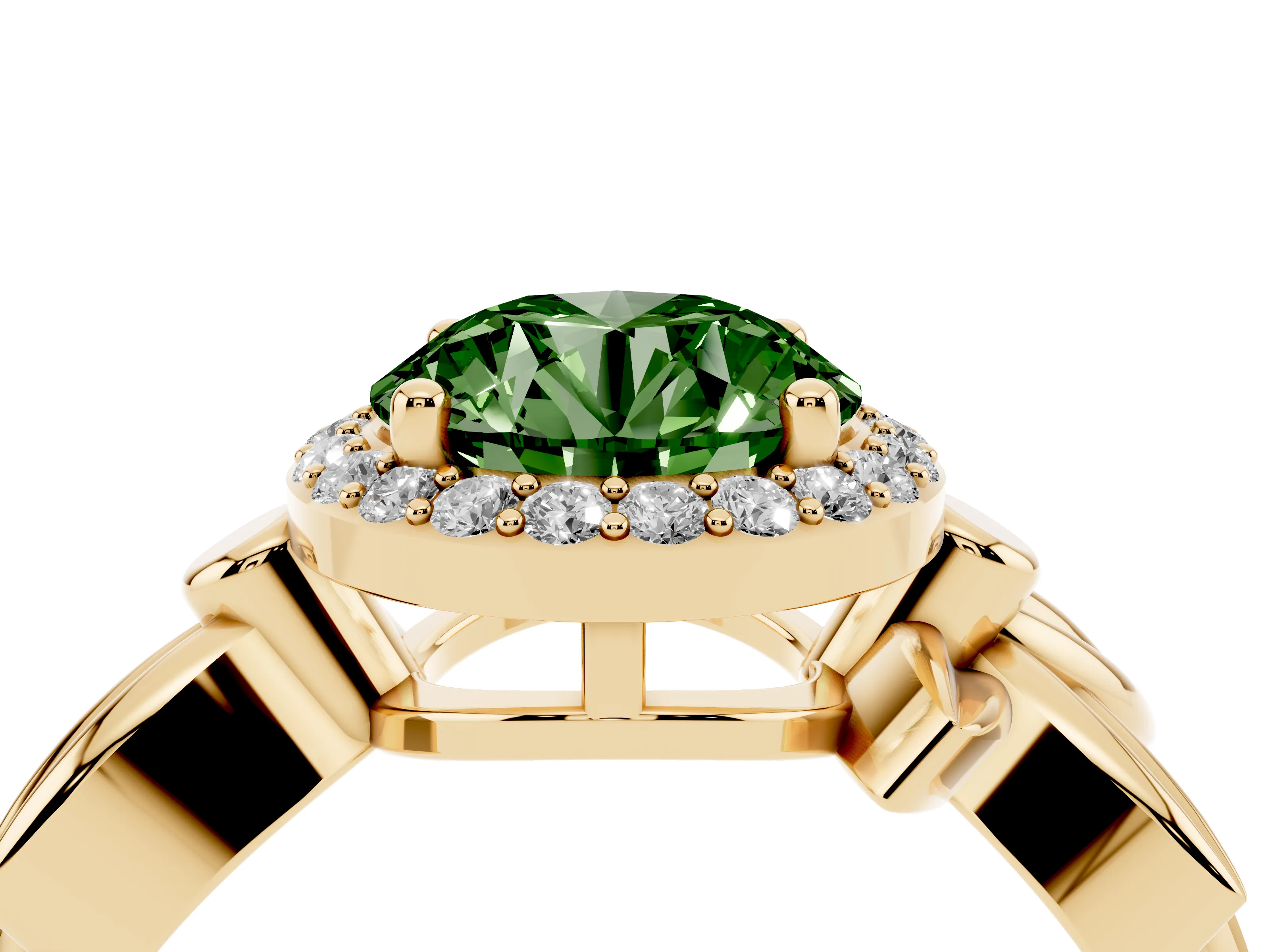 Fancy Green Round Cut Diamond Halo Floral Band Ring Set in Yellow gold with Prong Setting