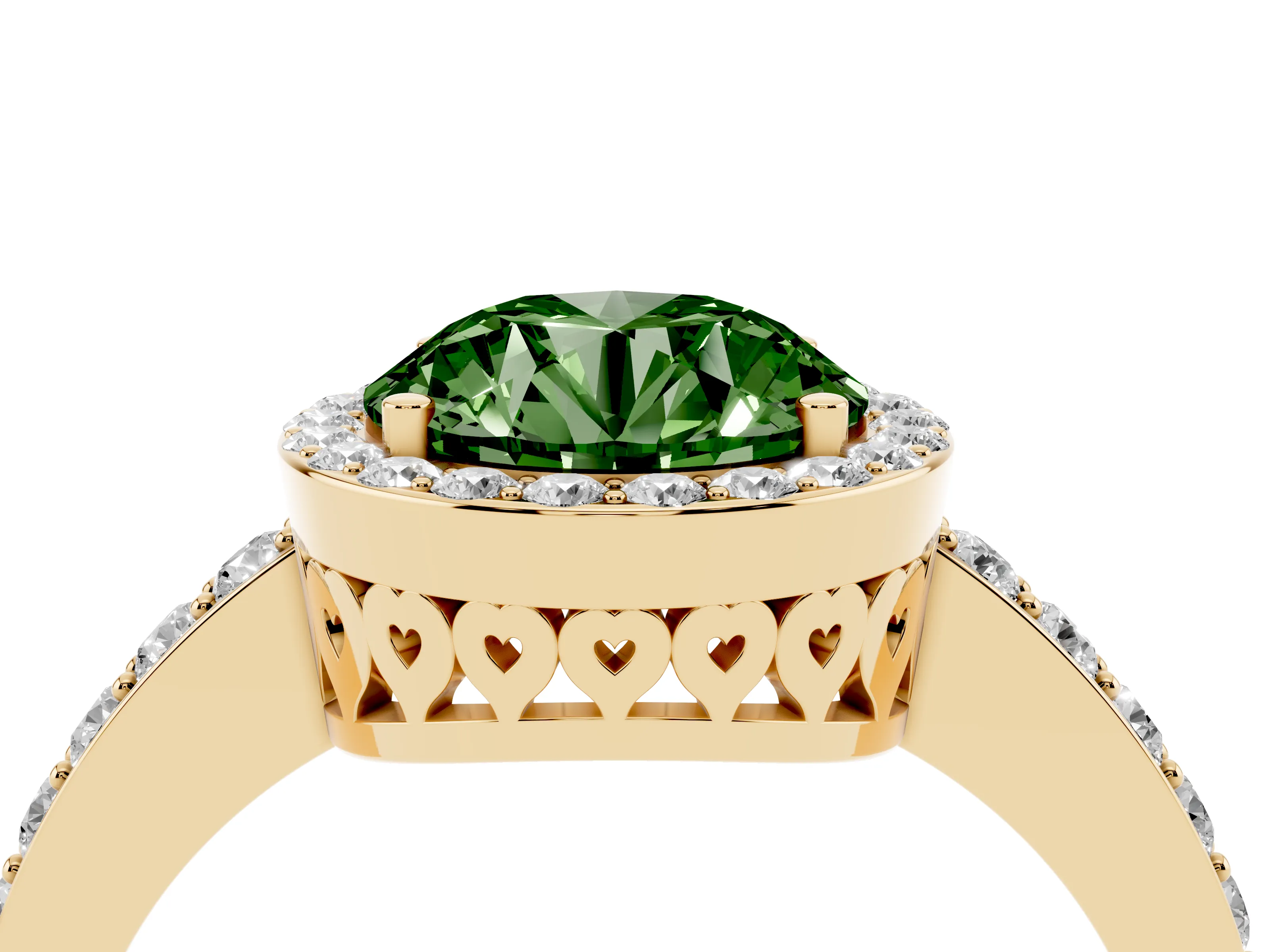 Fancy Green Round Cut Diamond Halo Ring Set in Yellow gold with Pavé-Setting Band and Open Prong Center