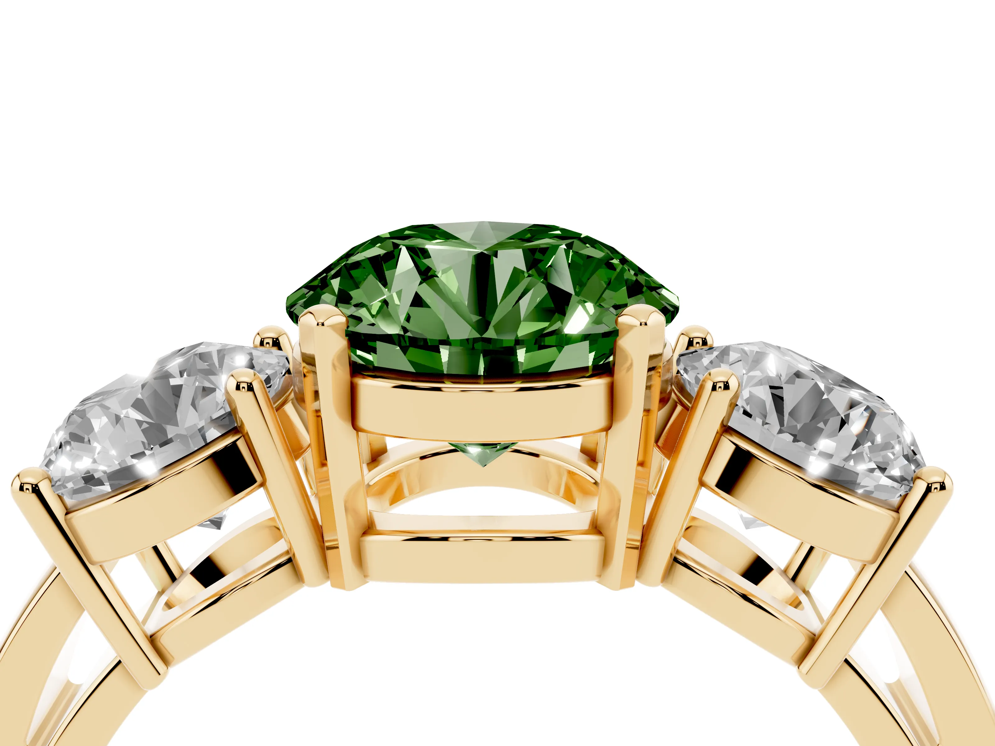 Fancy Green Round Cut Diamond Three-Stone Ring Set in Yellow gold with Round Side Stones and Classic Band