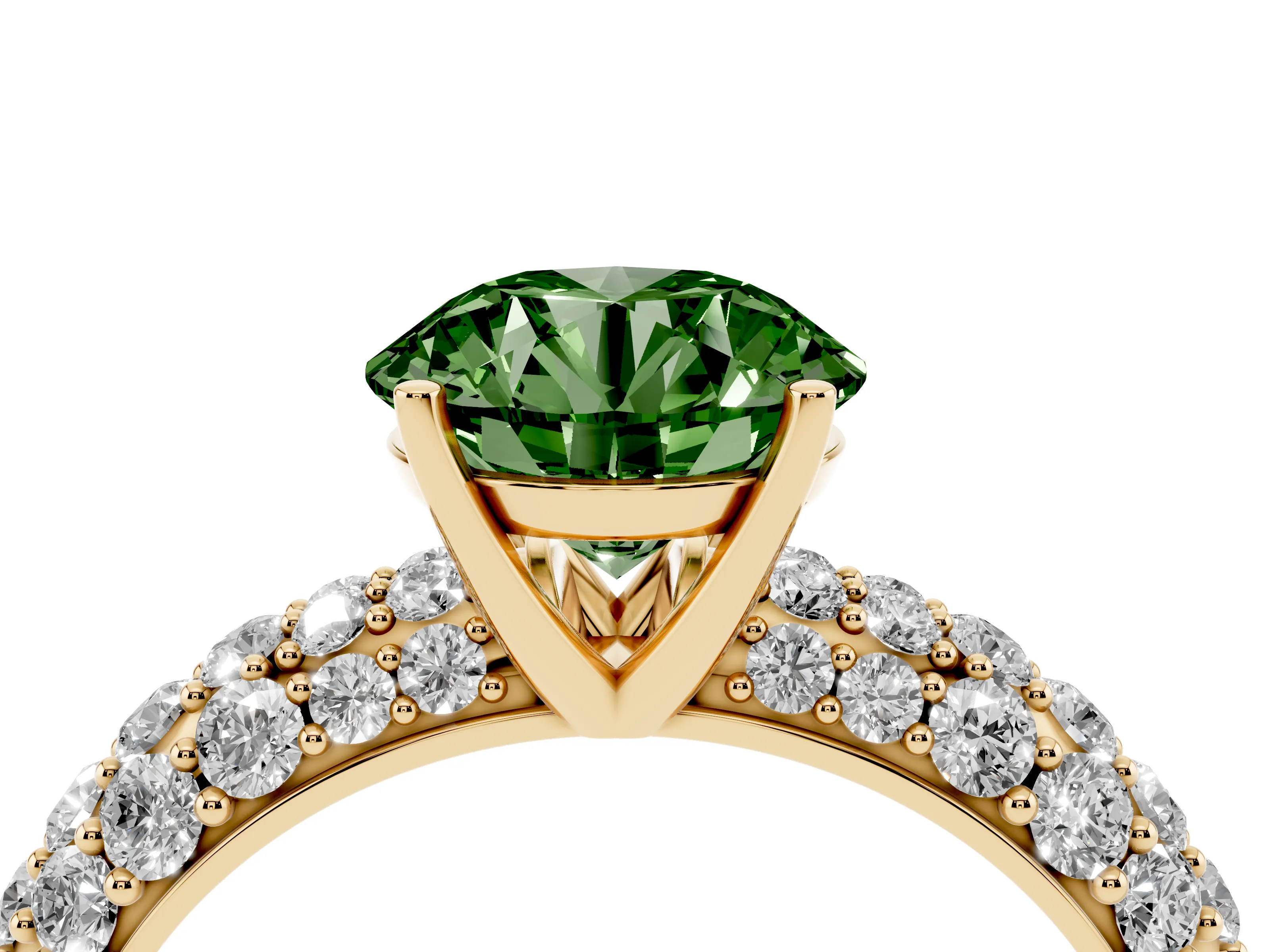 Fancy Green Round Cut Diamond Pavé Band Solitaire Ring Set in Yellow gold with Close-Set Accent Stones and Prong Setting