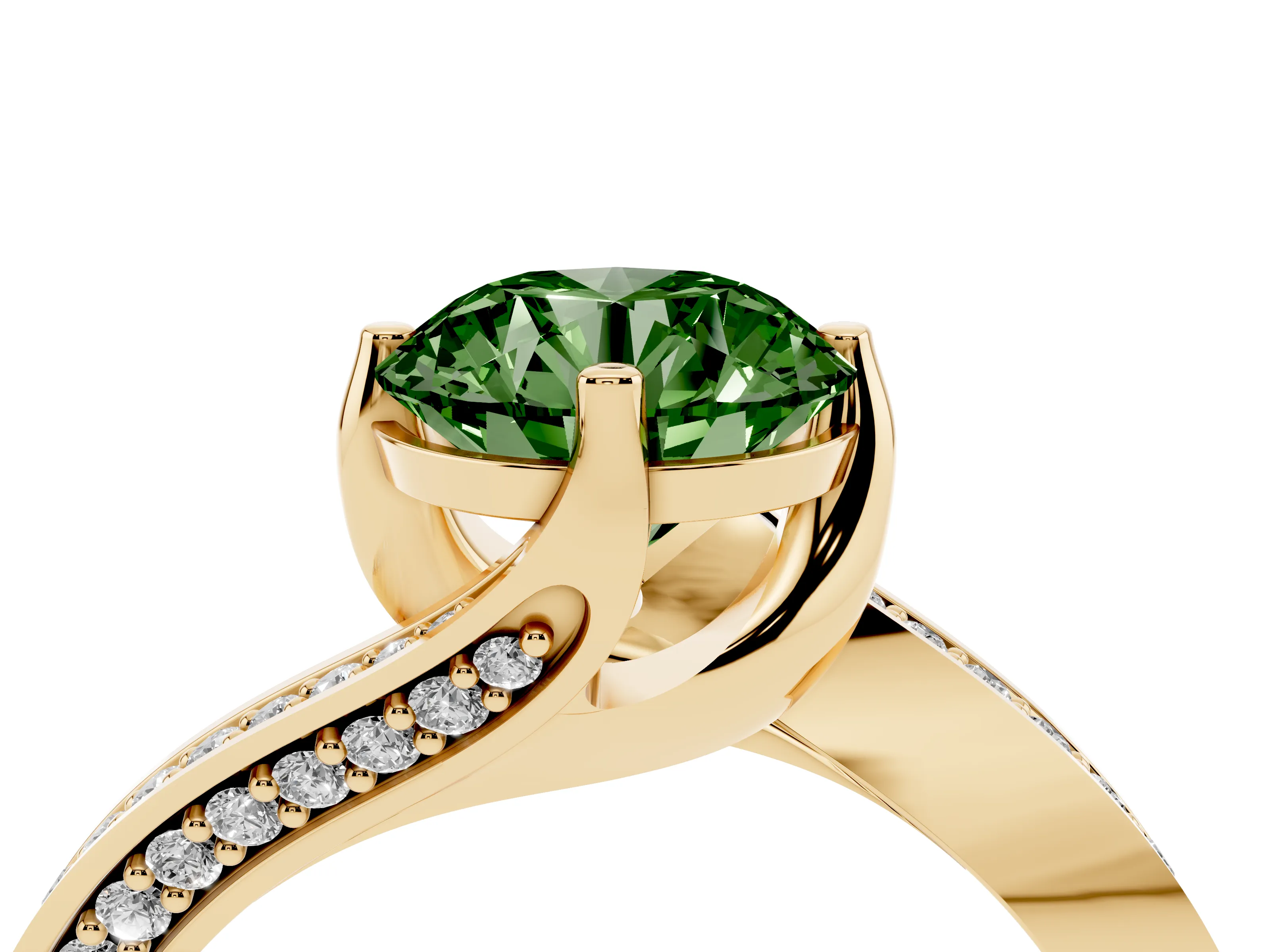 Fancy Green Round Cut Diamond Solitaire Ring Set in Yellow gold with Intertwined Pavé Twist Band