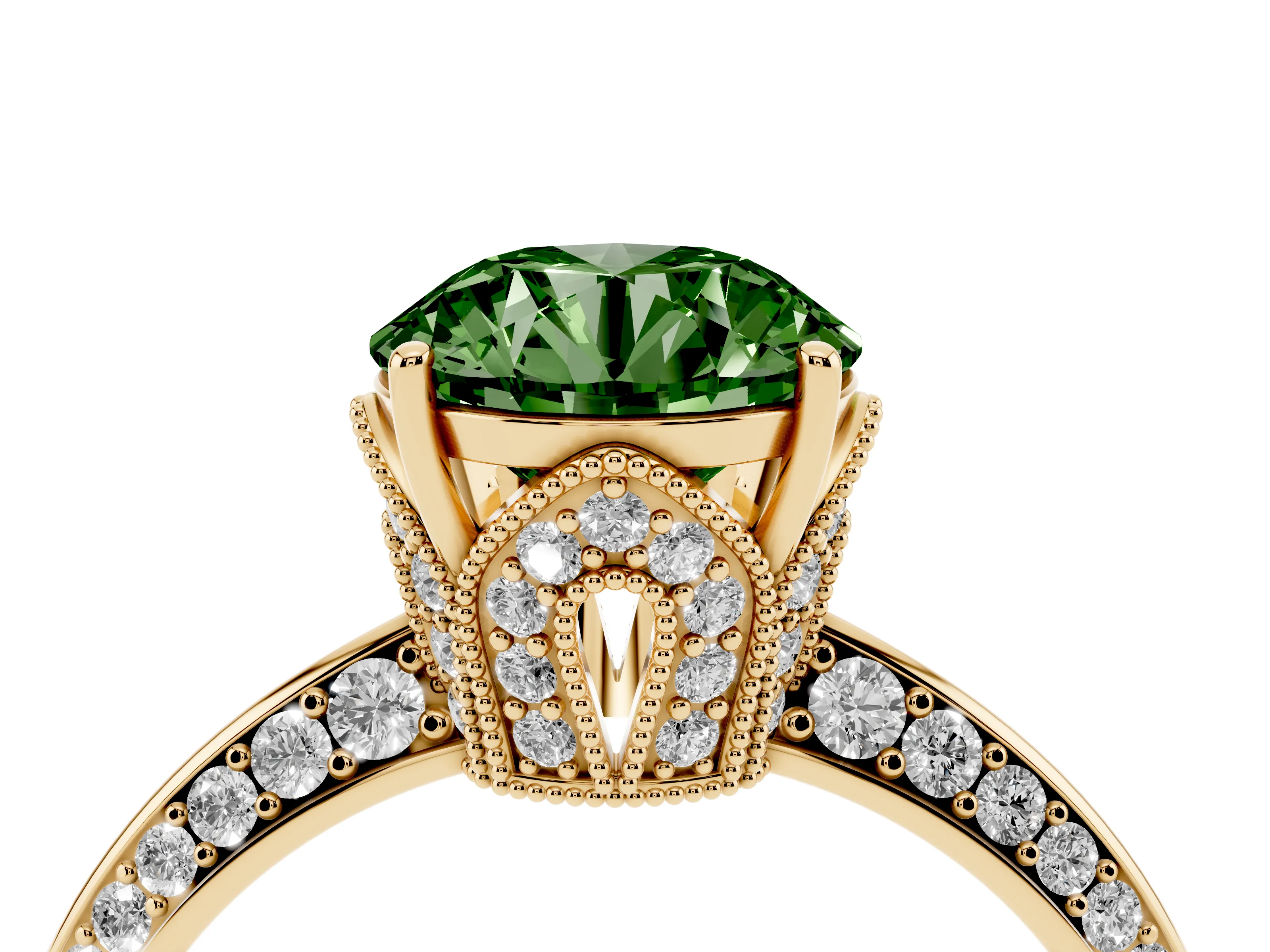 Fancy Green Round Cut Diamond Solitaire Engagement Ring Set in Yellow gold with Pavé Split Shank and Prong Setting