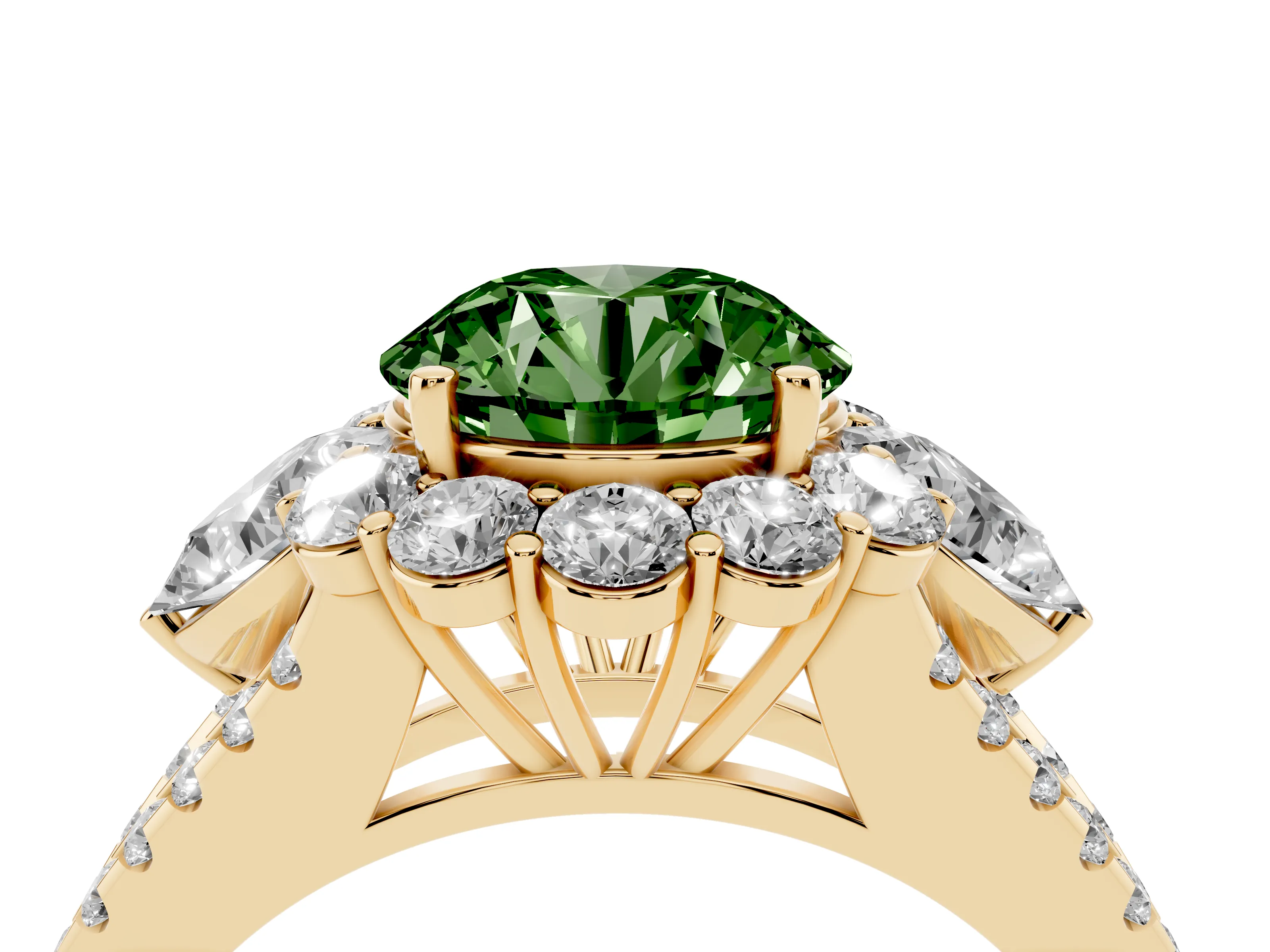 Fancy Green Round Cut Diamond Halo Split Shank Engagement Ring Set in Yellow gold with Prong-Held Center Stone