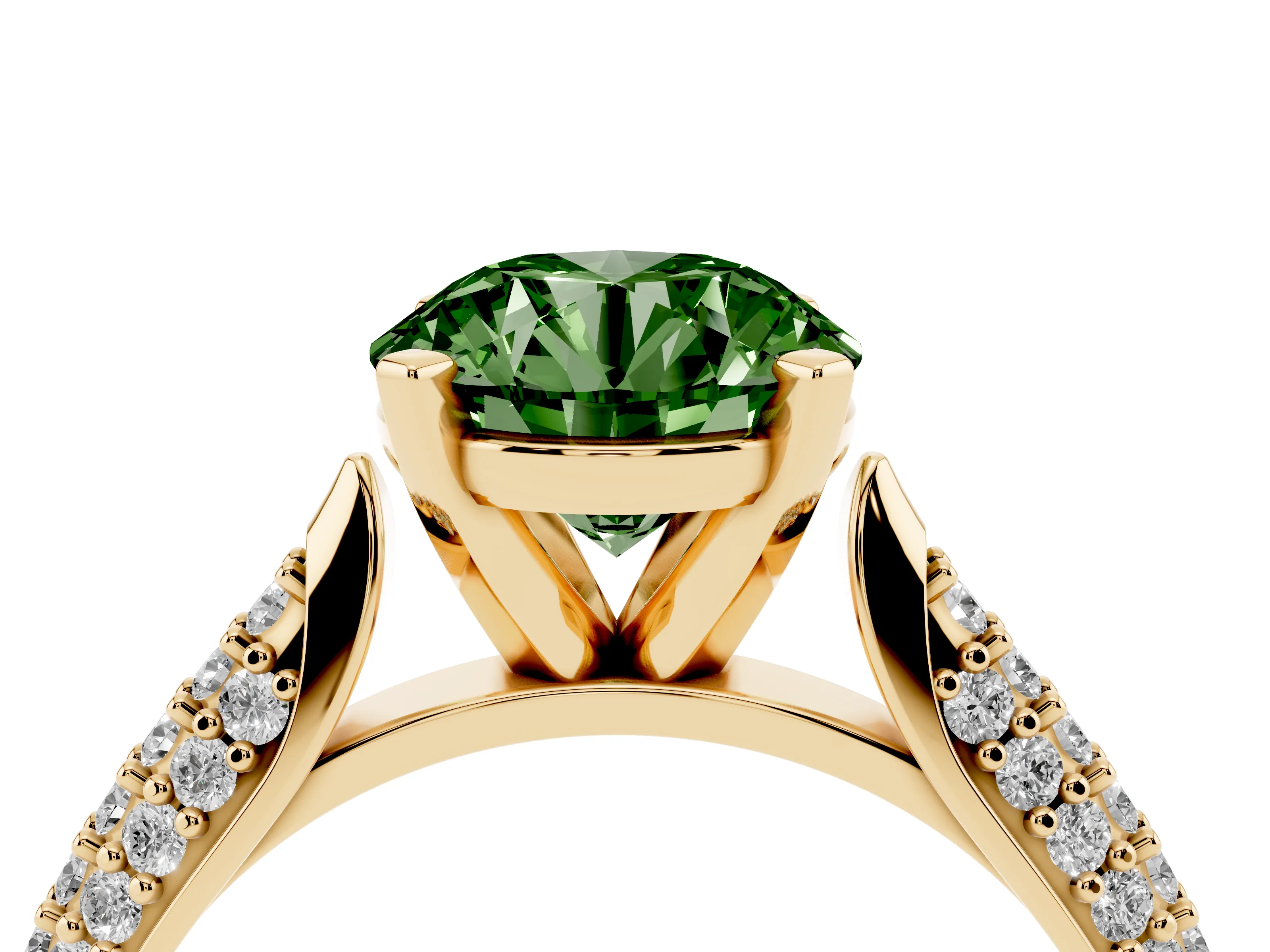 Fancy Green Round Cut Diamond Solitaire Engagement Ring Set in Yellow gold with Multi-Row Round Pavé Band and Prong Setting