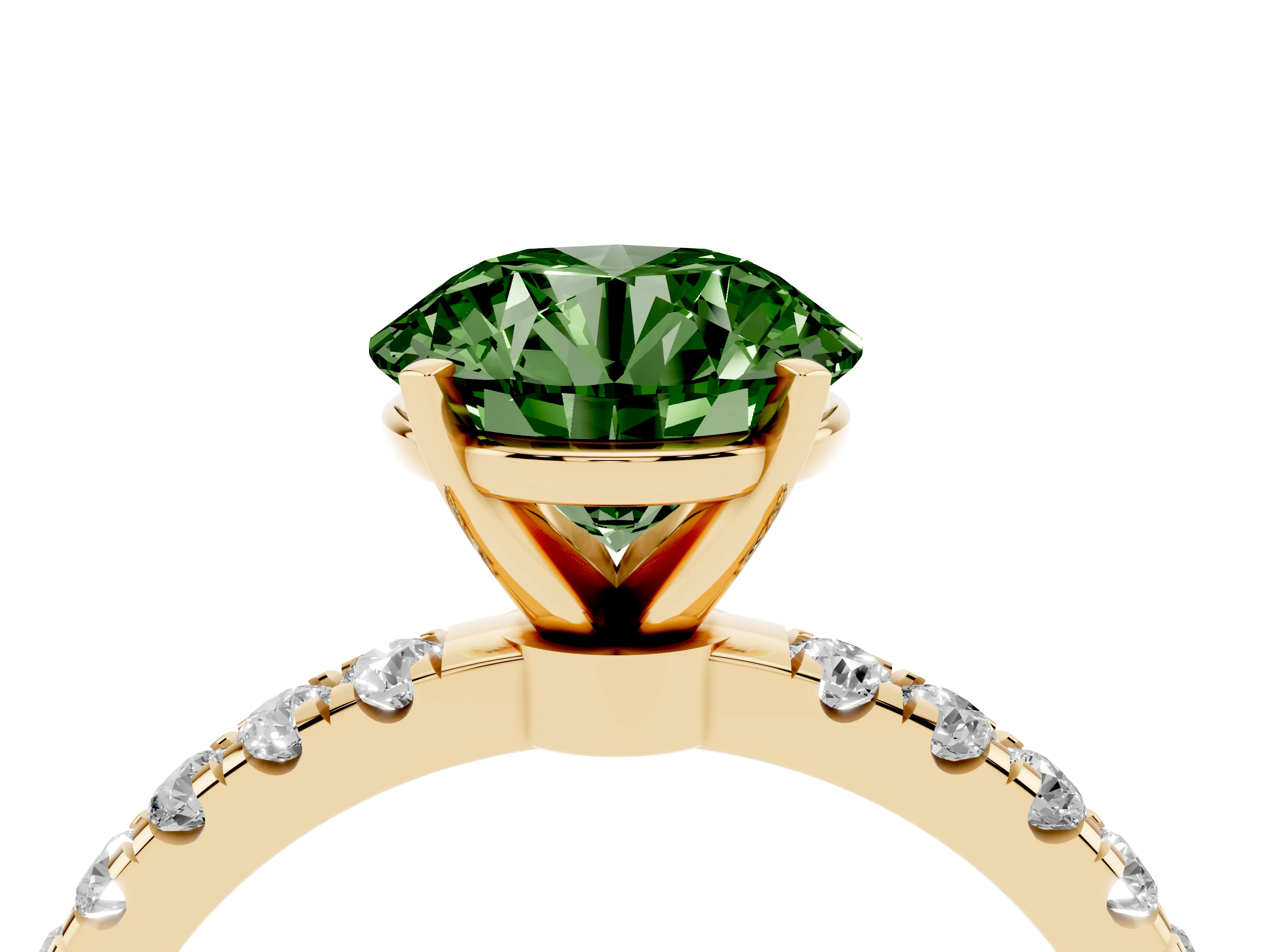 Fancy Green Round Cut Diamond Solitaire Ring Set in Yellow gold with Pavé Accents and Prong Setting