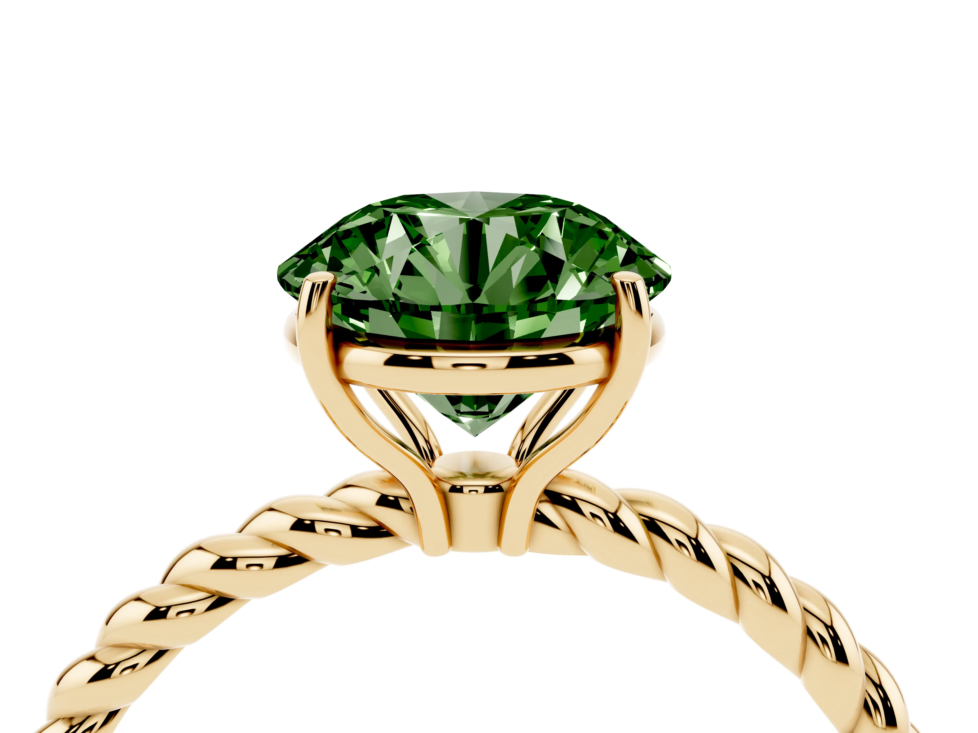 Fancy Green Round Cut Diamond Solitaire Ring Set in Yellow gold with Twist Band and Prong Setting