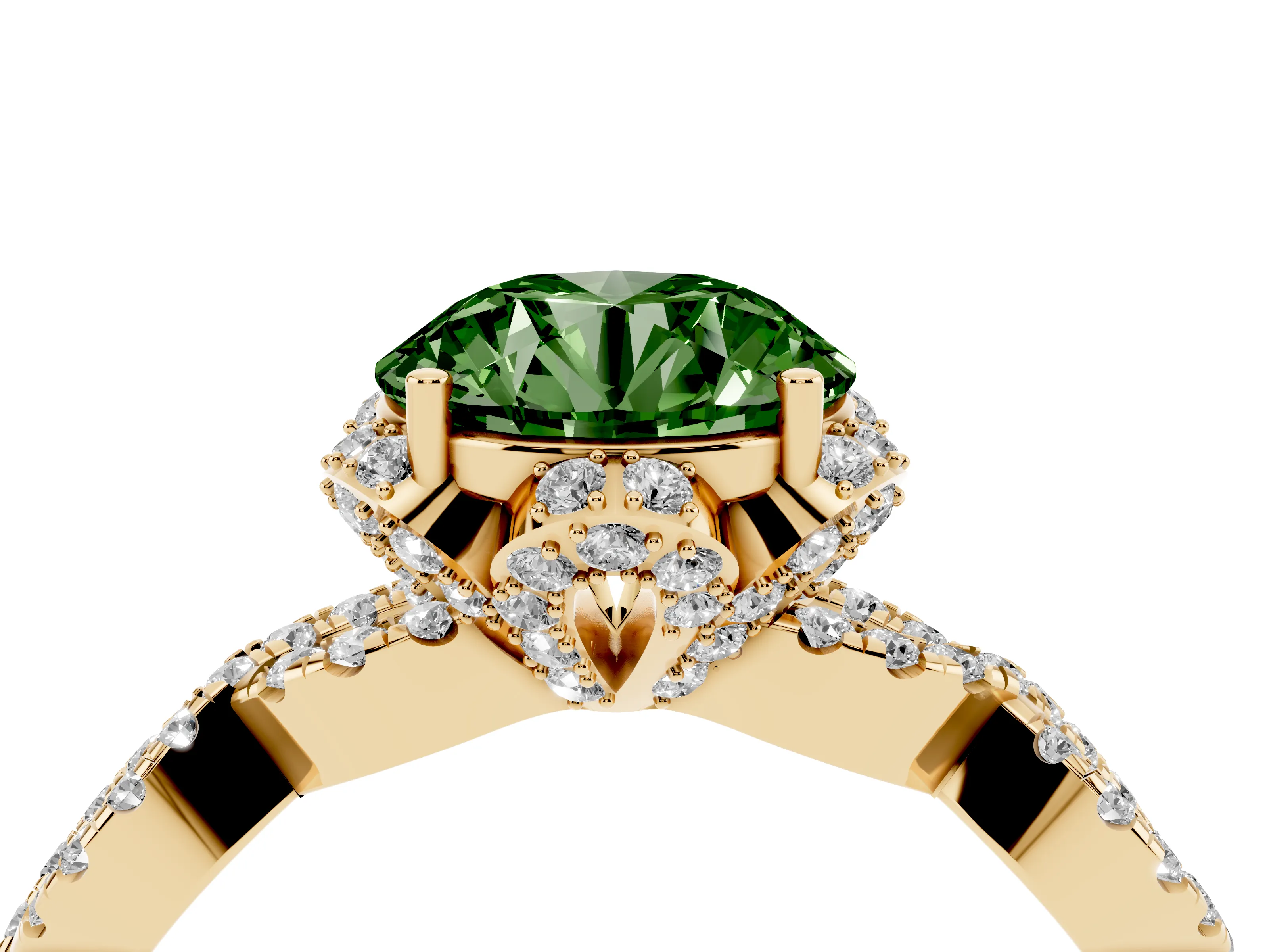 Fancy Green Round Cut Diamond Halo Twist Band Solitaire Ring Set in Yellow gold with Prong-Set Center Stone