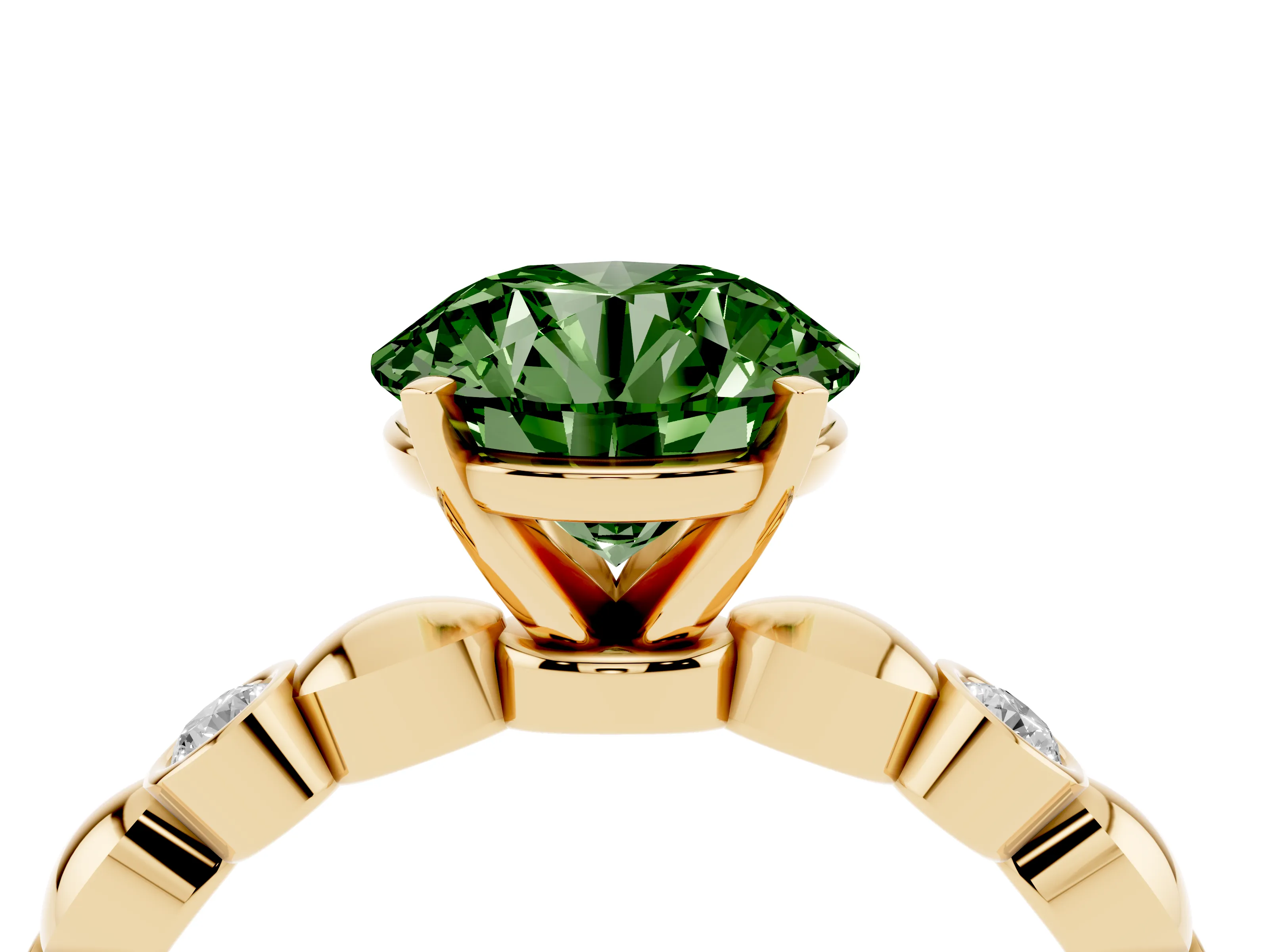 Fancy Green Round Cut Diamond Solitaire Ring Set in Yellow gold with Bezel-Set Accents on Beaded Band and Prong Setting