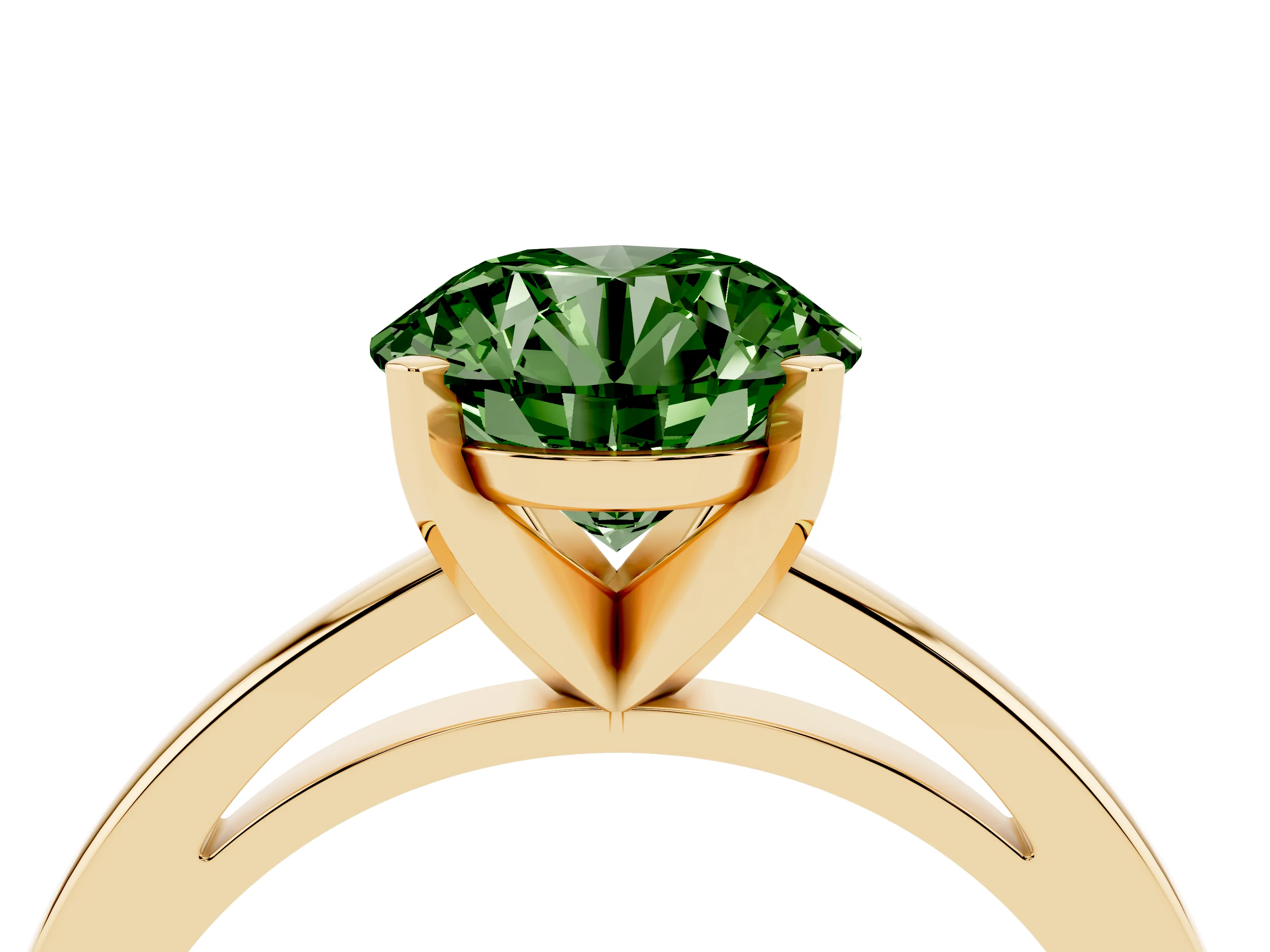 Fancy Green Round Cut Diamond Solitaire Engagement Ring Set in Yellow gold with Prong Setting on a Classic Band