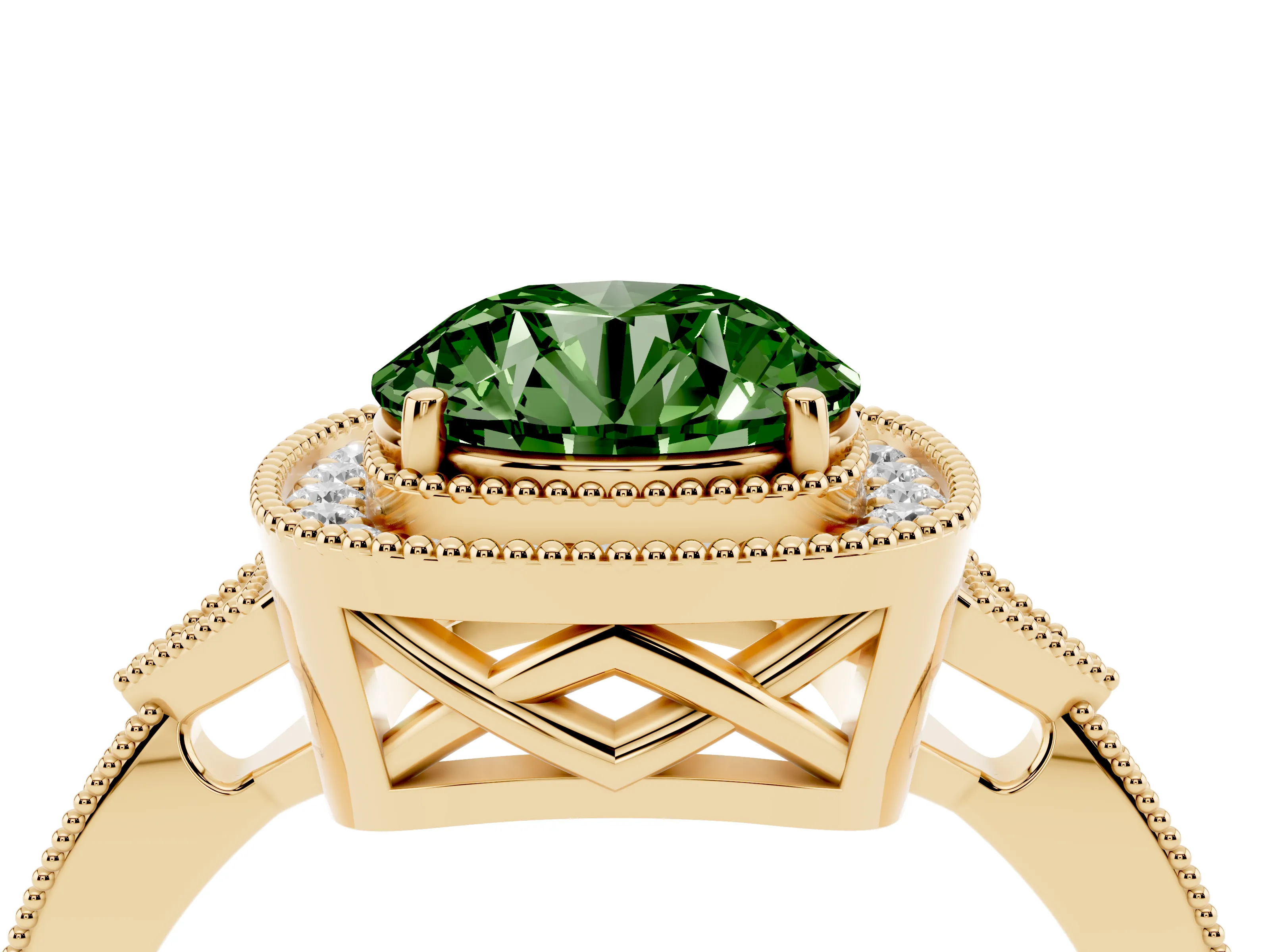 Fancy Green Round Cut Diamond Halo Engagement Ring Set in Yellow gold with Milgrain Pavé Band