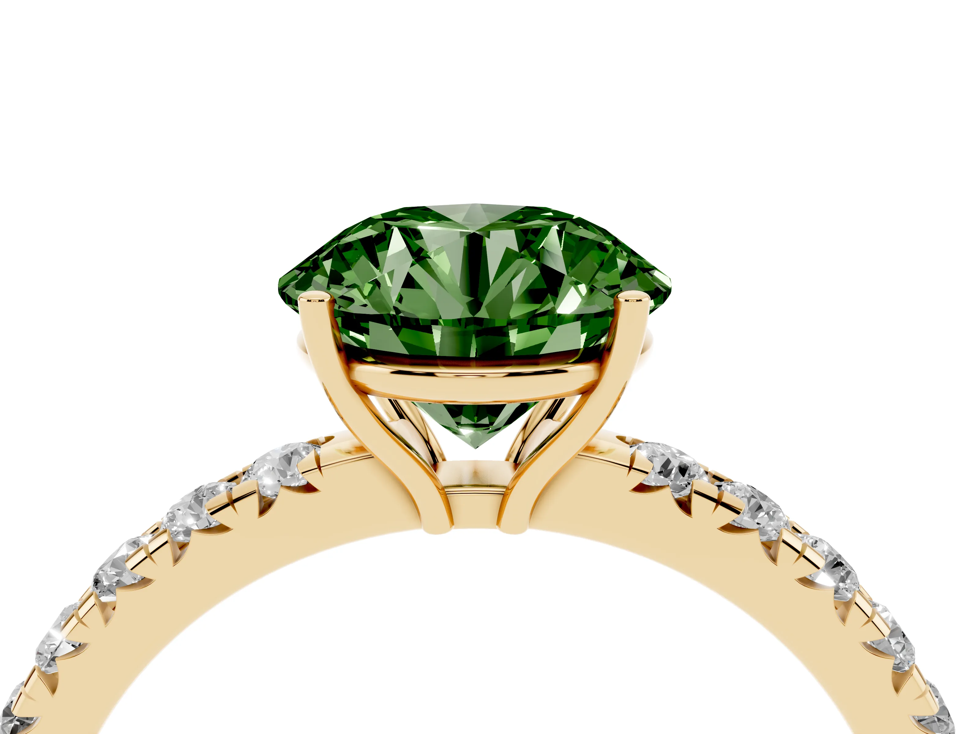Fancy Green Round Cut Diamond Pavé Solitaire Engagement Ring Set in Yellow gold with Prong Setting