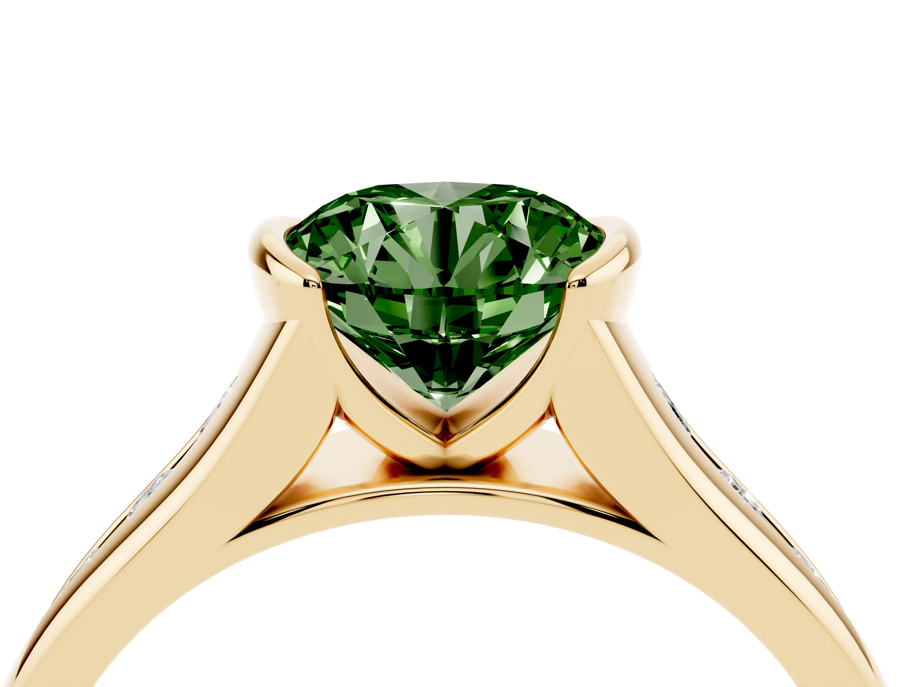 Fancy Green Round Cut Diamond Bezel-Set Solitaire Ring Set in Yellow gold with Channel-Set Band