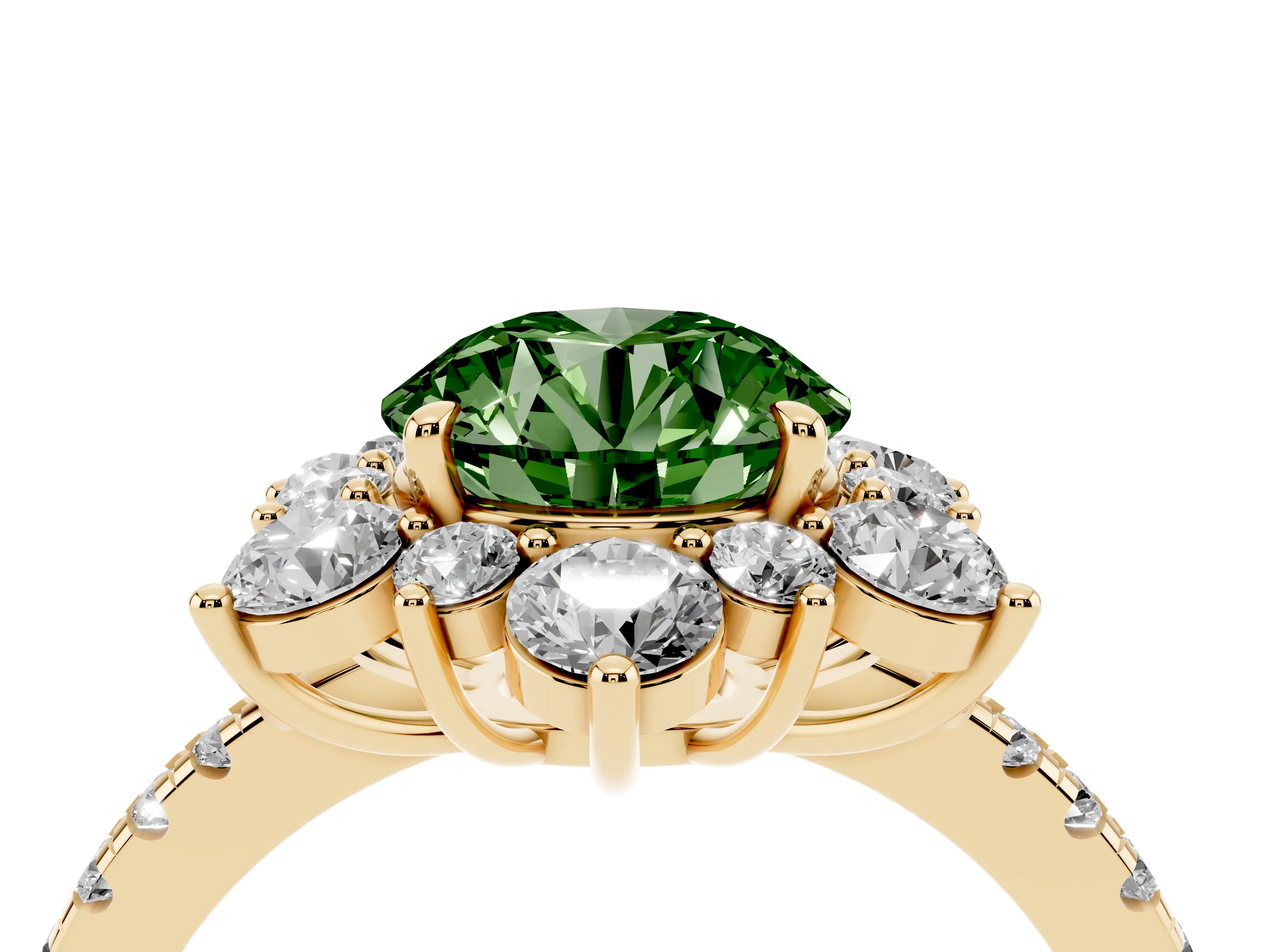 Fancy Green Round Cut Diamond Floral Halo Ring Set in Yellow gold with Round Pavé Band and Prong Setting