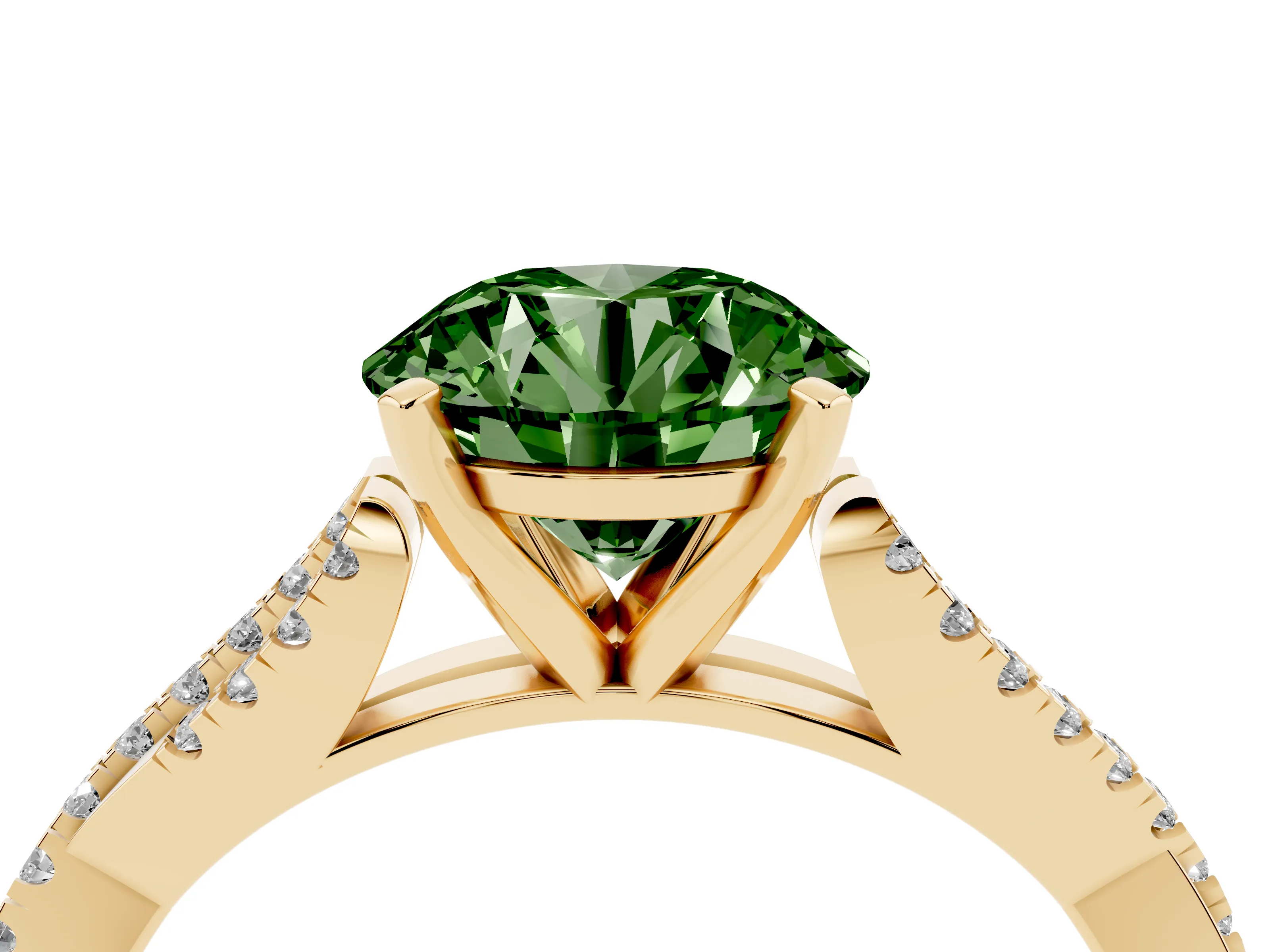 Fancy Green Round Cut Diamond Solitaire Engagement Ring Set in Yellow gold with Twisted Pavé Band and Prong Setting