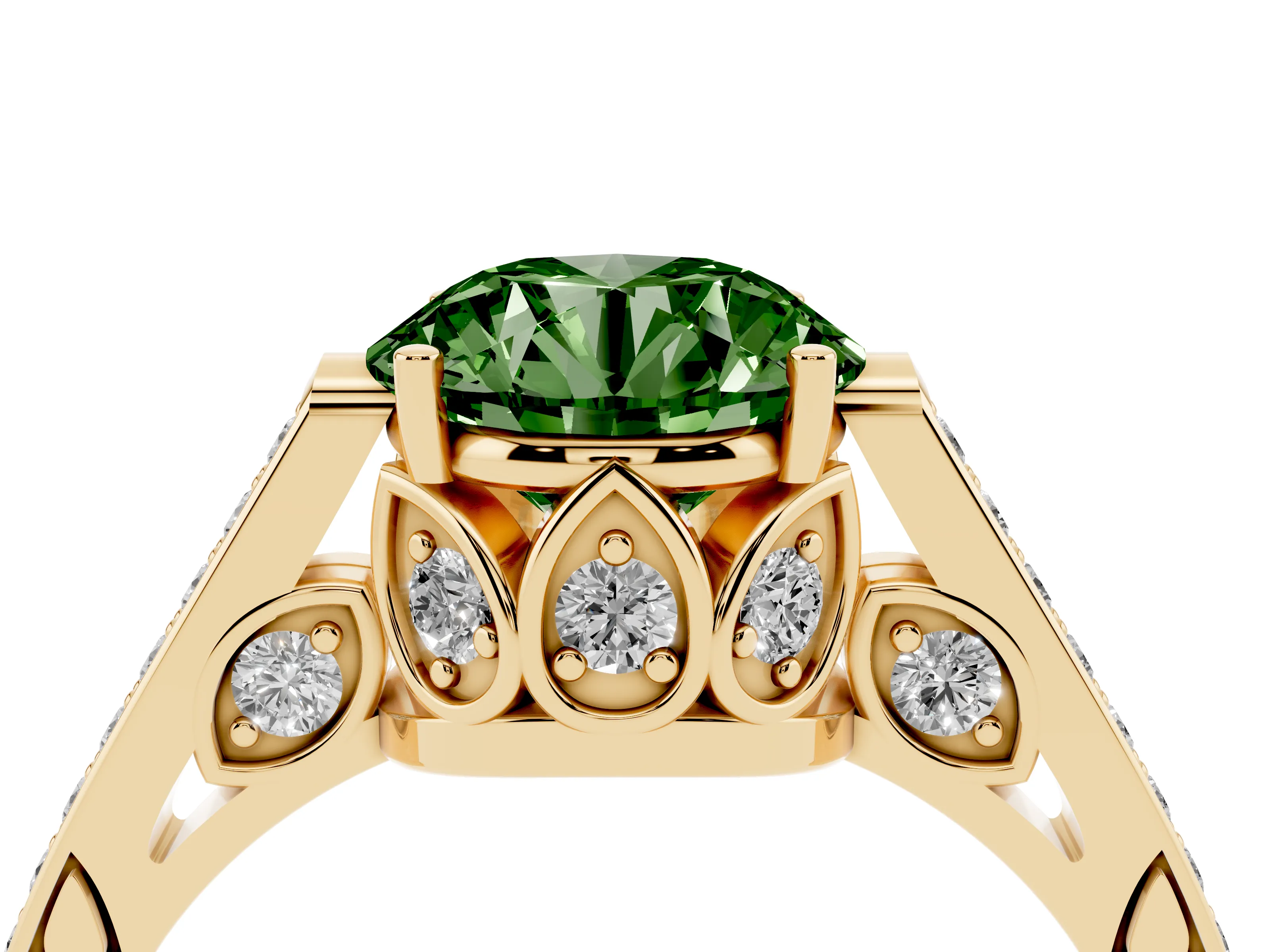 Fancy Green Round Cut Diamond Cathedral Pavé Engagement Ring Set in Yellow gold with Prong Setting