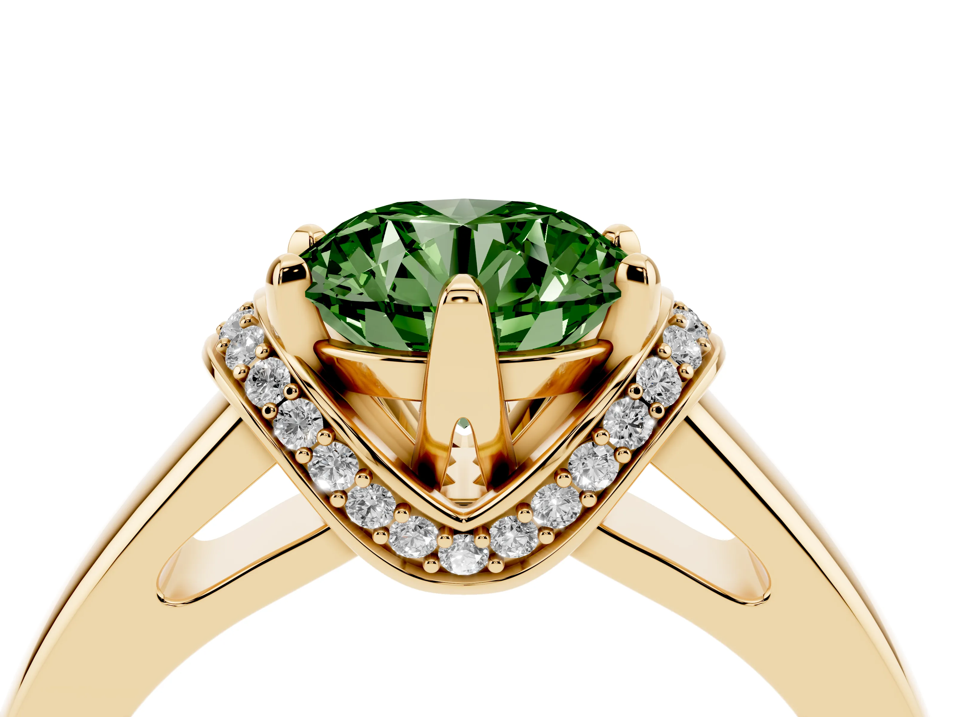 Fancy Green Round Cut Diamond Pavé Band Solitaire Ring Set in Yellow gold with Prong Setting