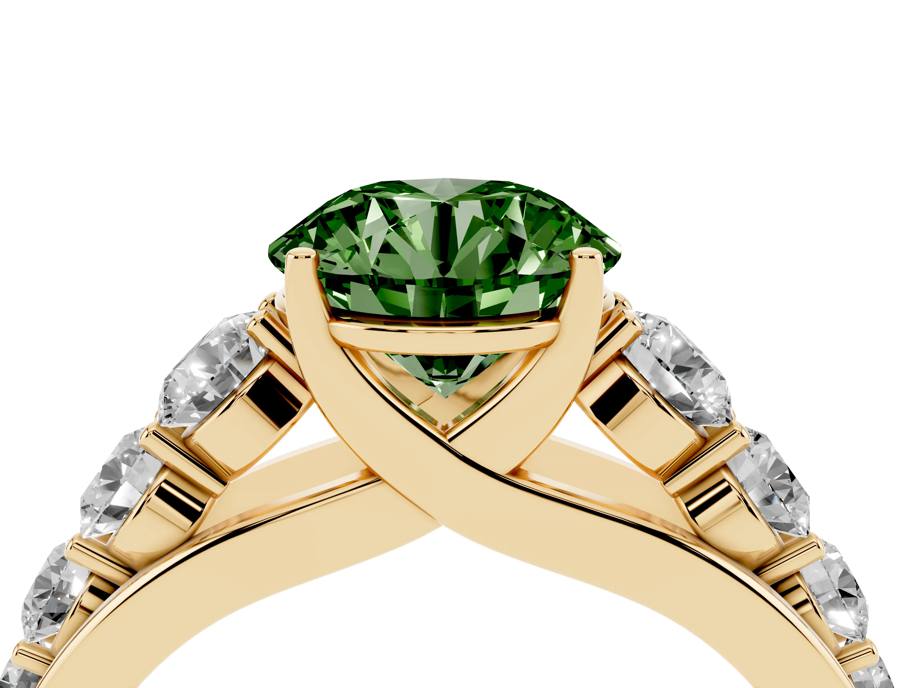 Fancy Green Round Cut Diamond Solitaire Ring Set in Yellow gold with Pavé-Set Band and Prong Setting