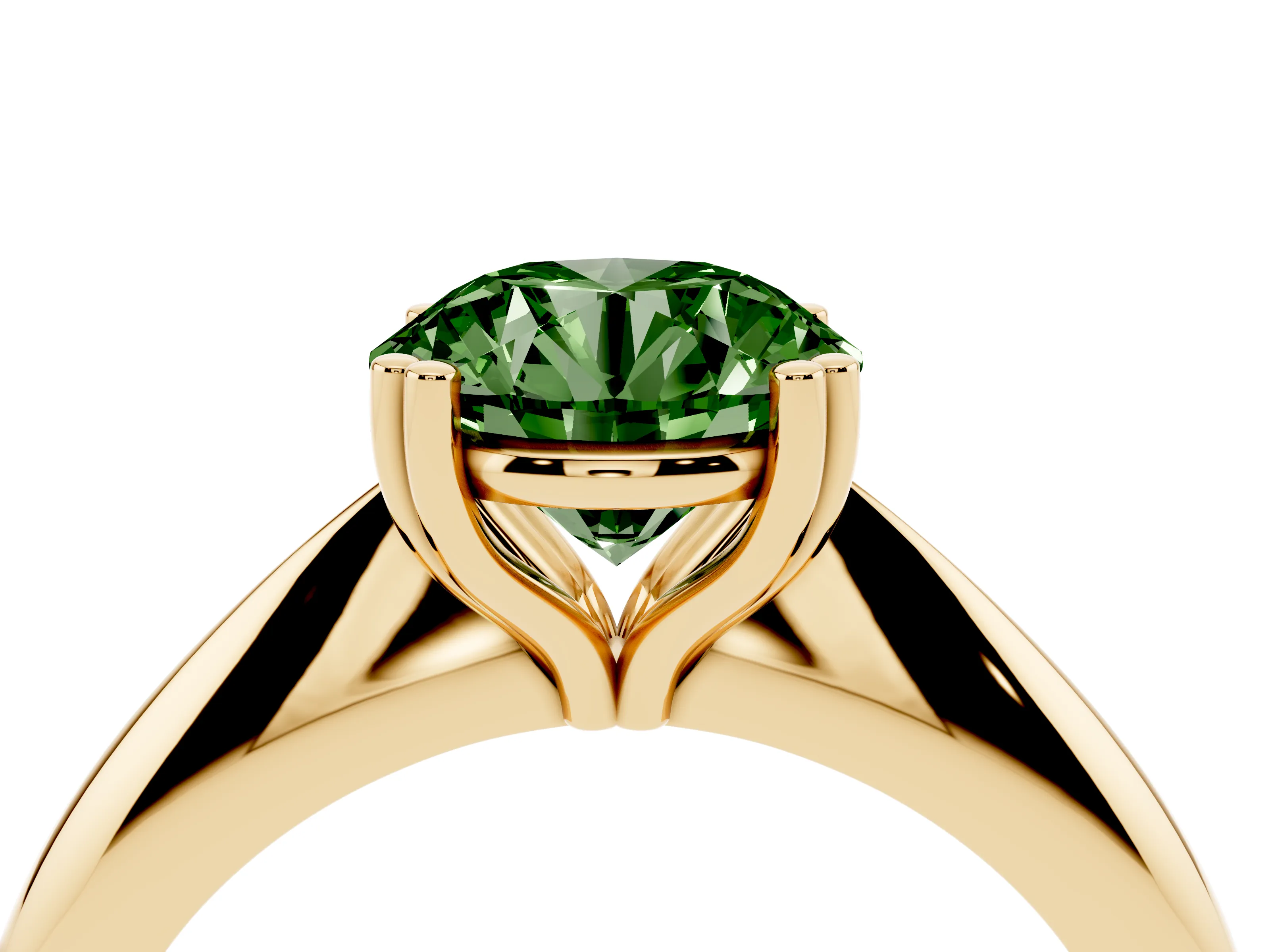 Fancy Green Round Cut Diamond Solitaire Engagement Ring Set in Yellow gold with Tapered Band and Prong Setting