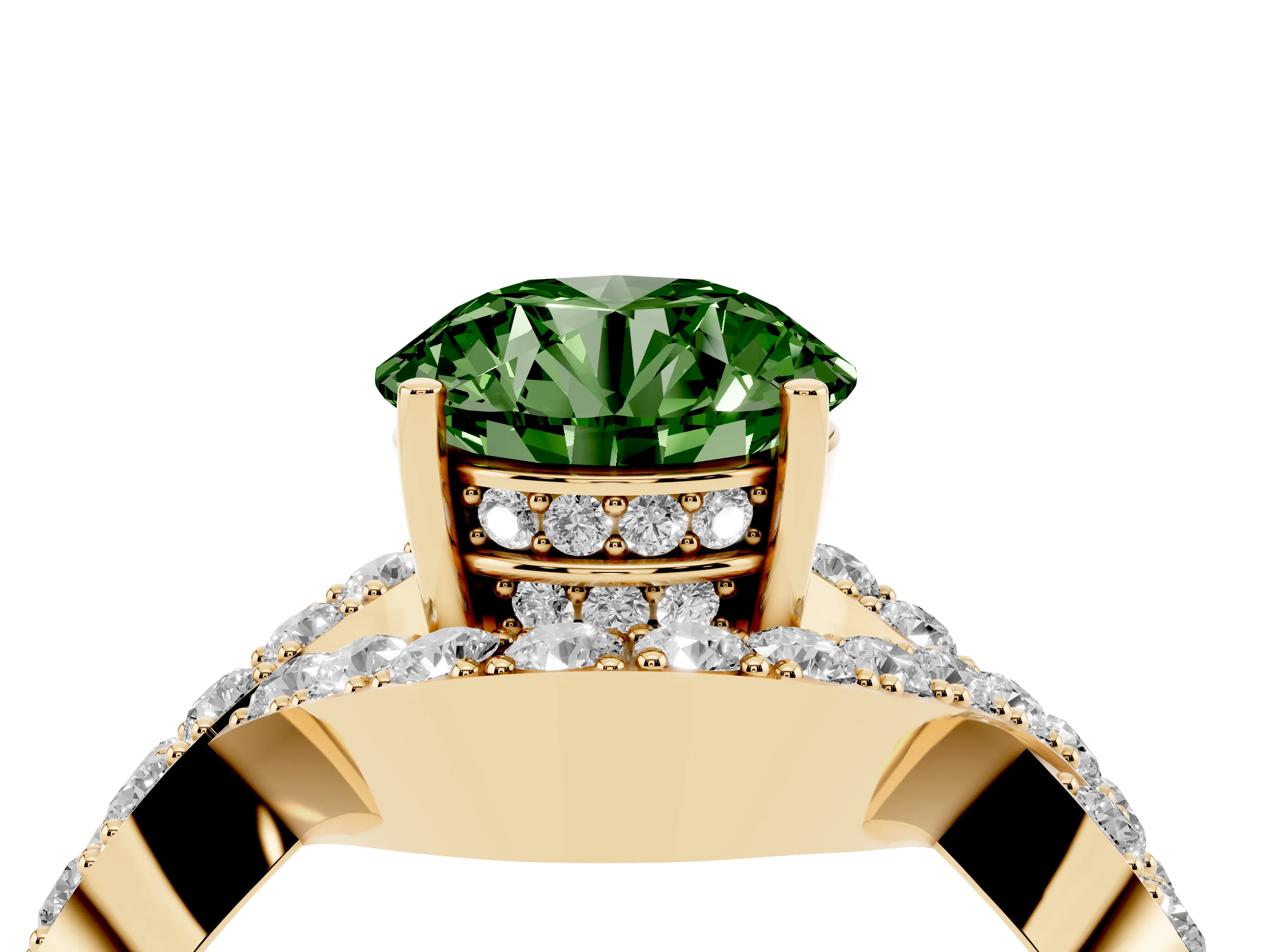 Fancy Green Round Cut Diamond Solitaire Twist Band Pavé Engagement Ring Set in Yellow gold