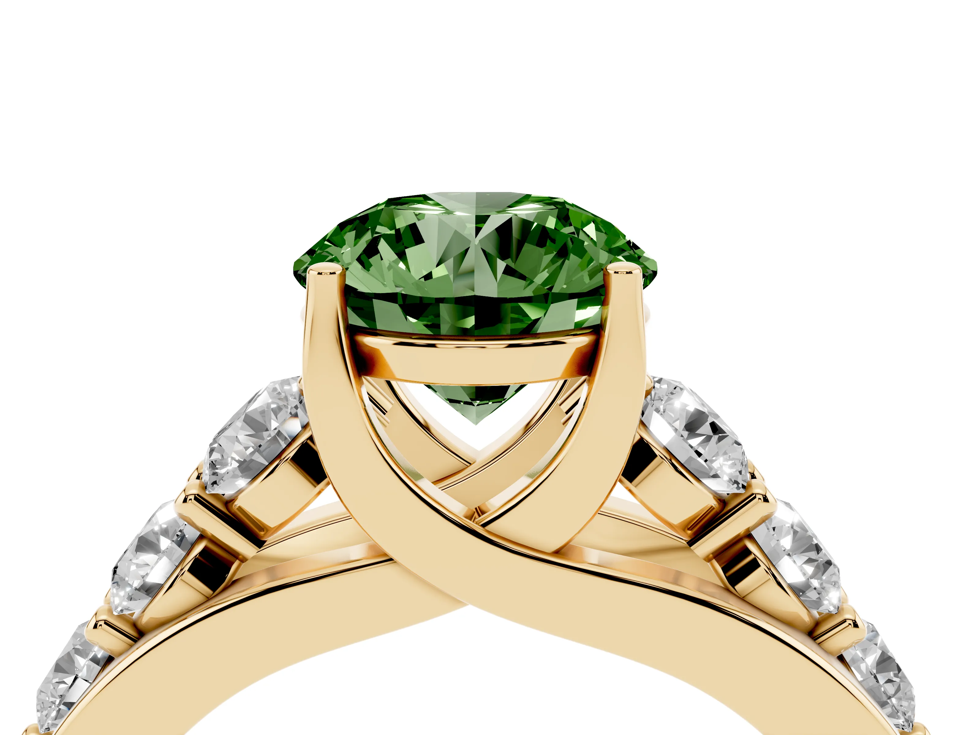 Fancy Green Round Cut Diamond Pavé Engagement Ring Set in Yellow gold with Prong Setting