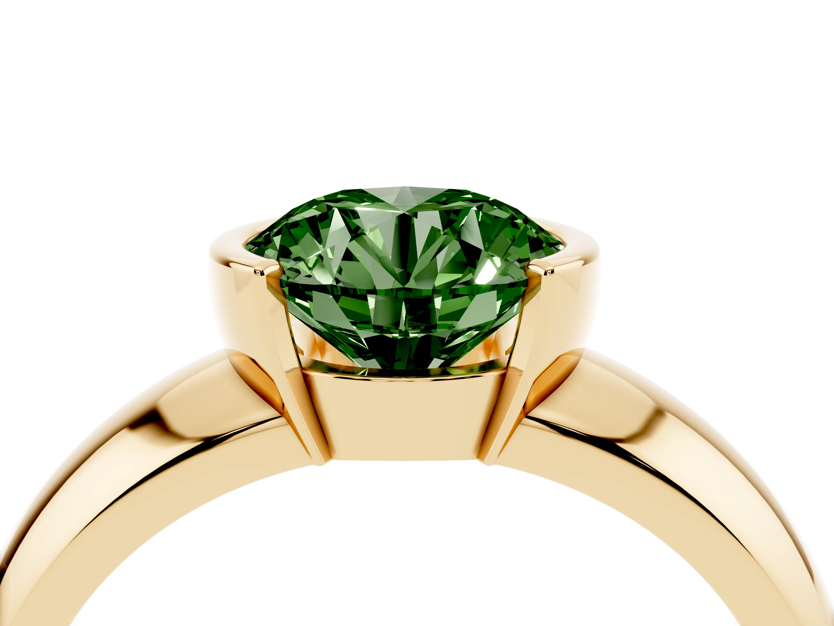 Fancy Green Round Cut Diamond Solitaire Tension Set Ring Set in Yellow gold with Wide Band