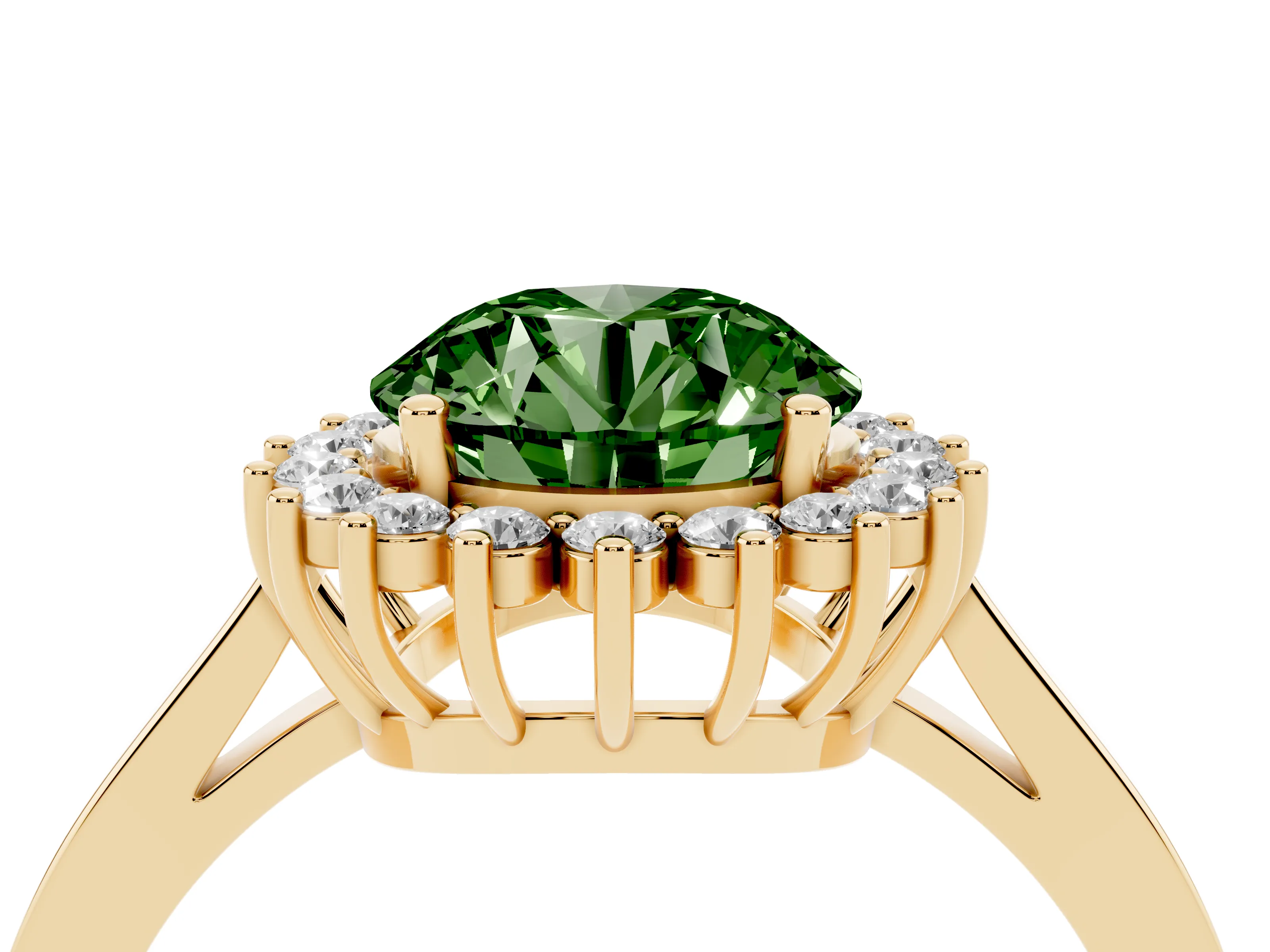 Fancy Green Round Cut Diamond Halo Ring Set in Yellow gold with Round Halo and Smooth Solitaire Band