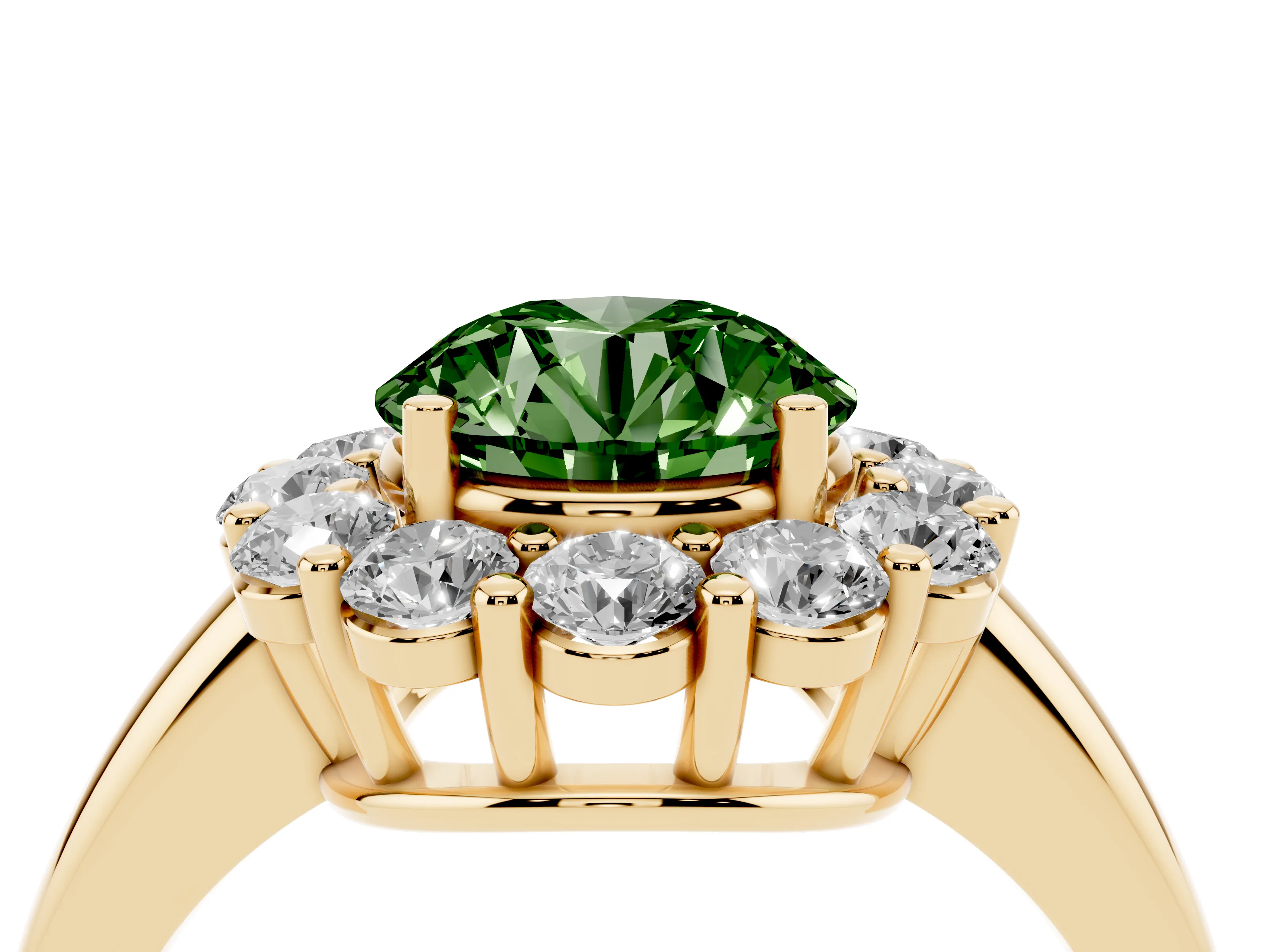 Fancy Green Round Cut Diamond Halo Cluster Engagement Ring Set in Yellow gold with Polished Band and Prong Setting