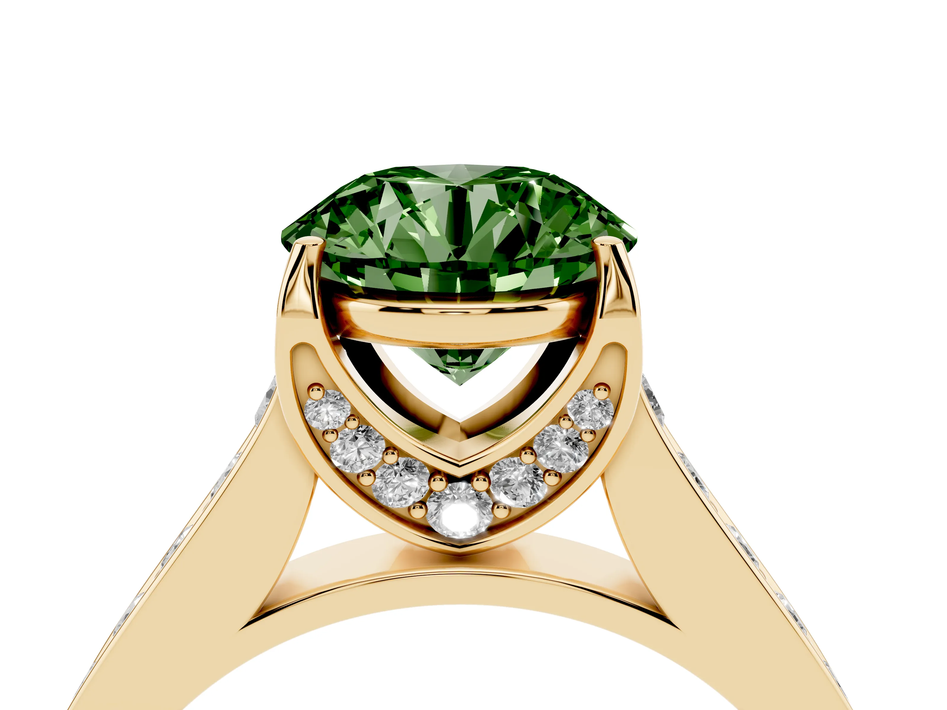 Fancy Green Round Cut Diamond Solitaire Pavé Engagement Ring Set in Yellow gold with Prong Setting