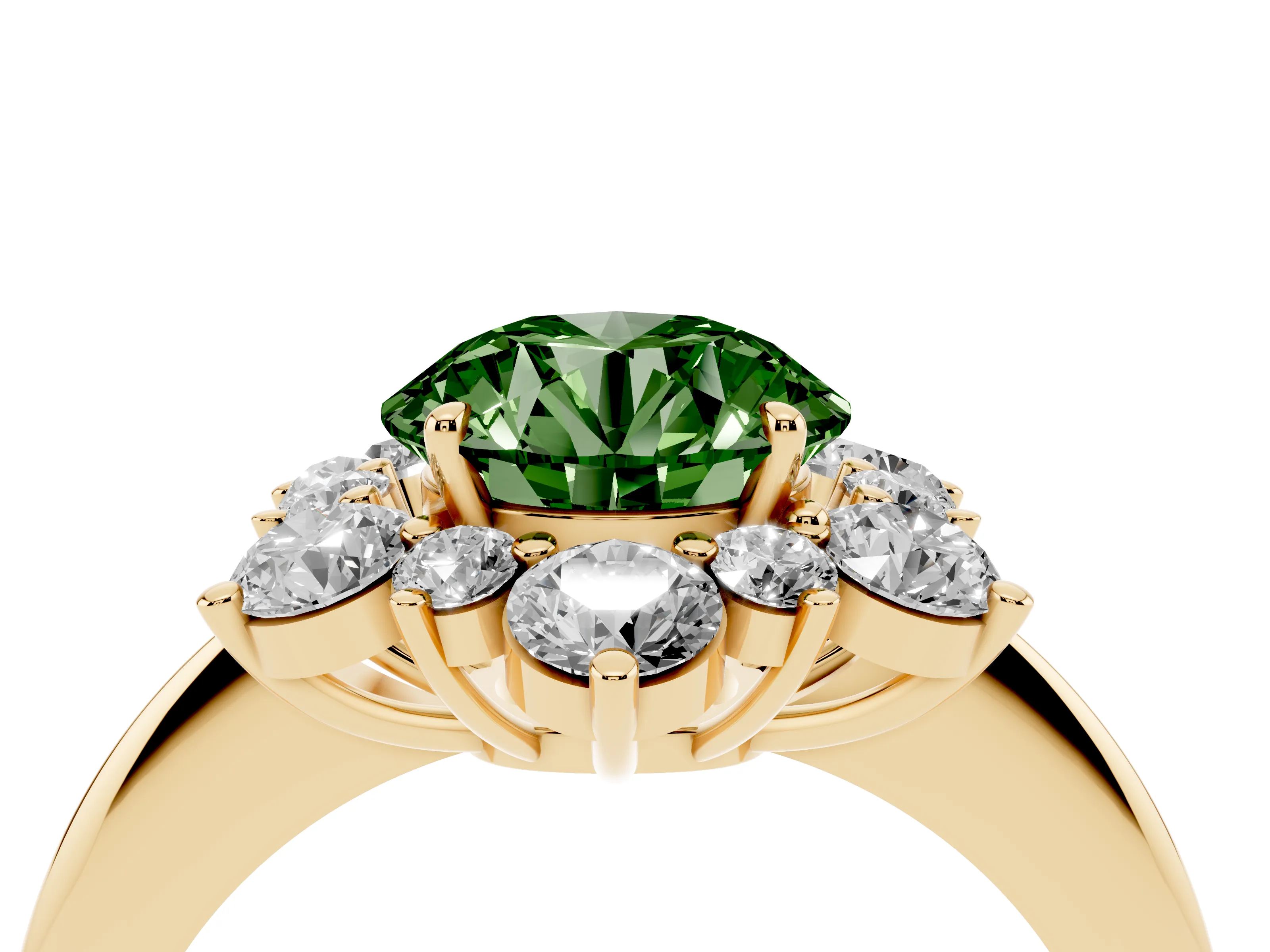 Fancy Green Round Cut Diamond Cluster Halo Ring Set in Yellow gold with Solitaire Band and Prong Setting