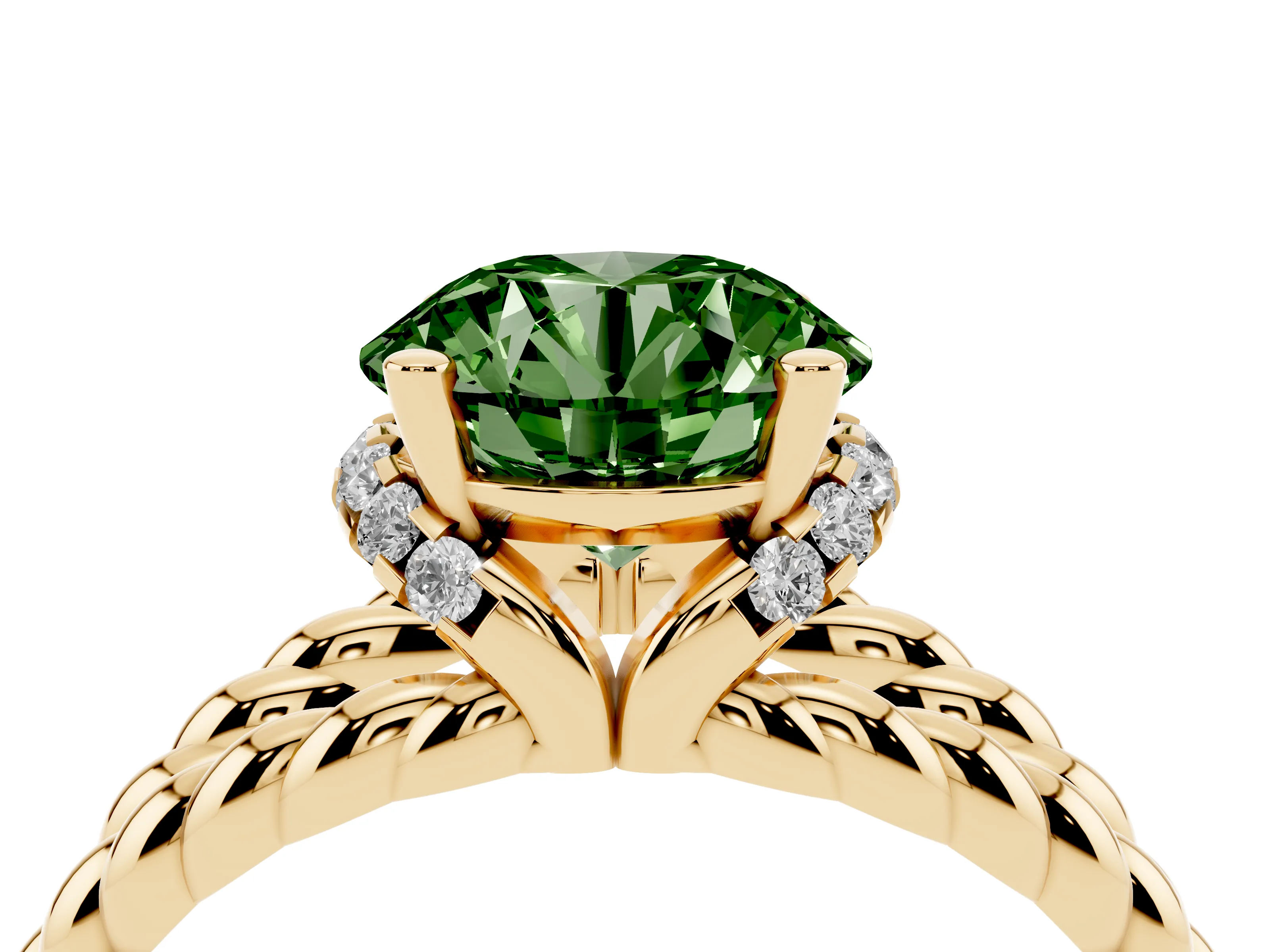 Fancy Green Round Cut Diamond Halo Ring Set in Yellow gold with Twisted Band and Prong Setting