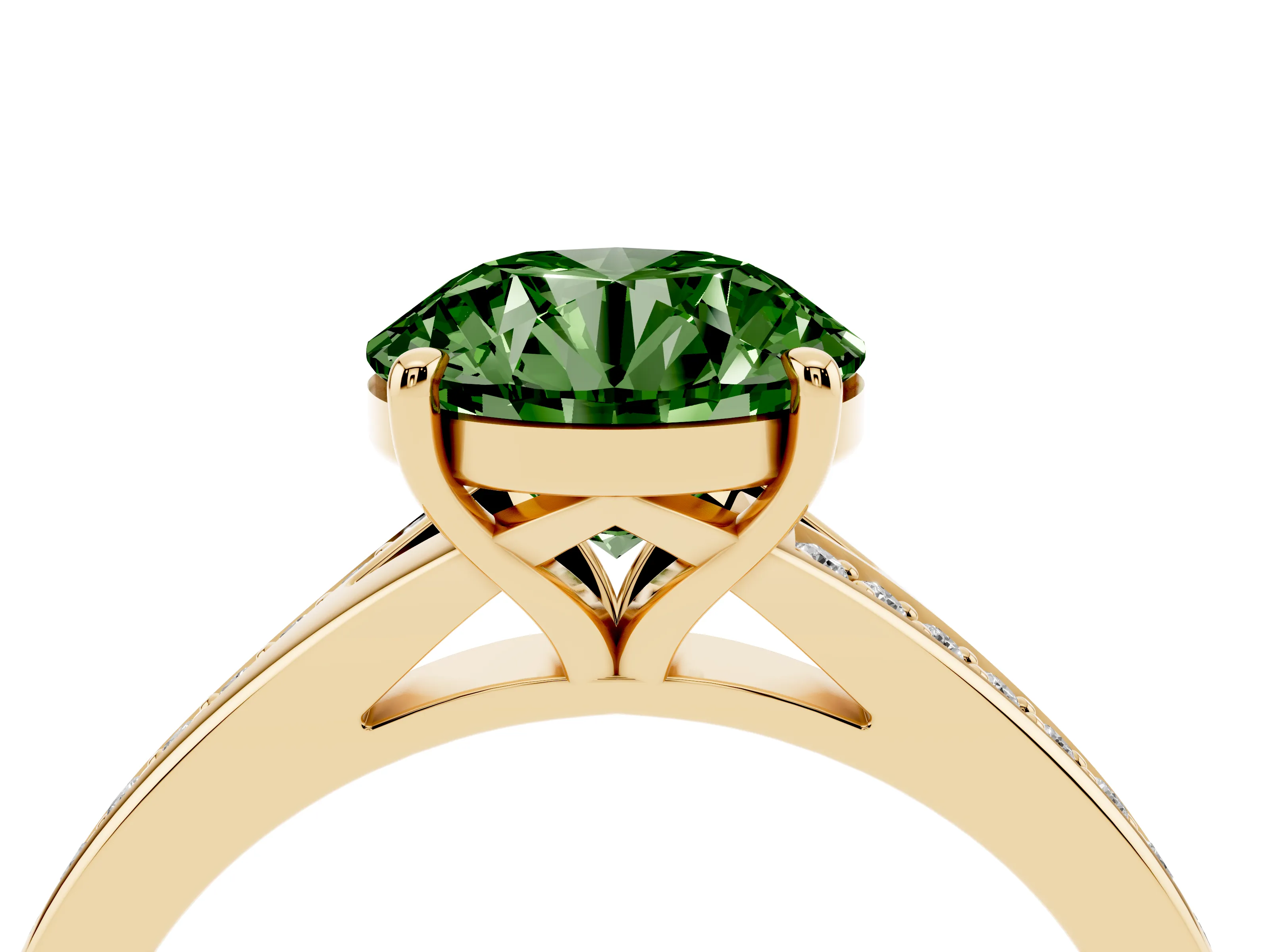 Fancy Green Round Cut Diamond Solitaire Ring Set in Yellow gold with Pavé Accent Band and Classic Prong Setting