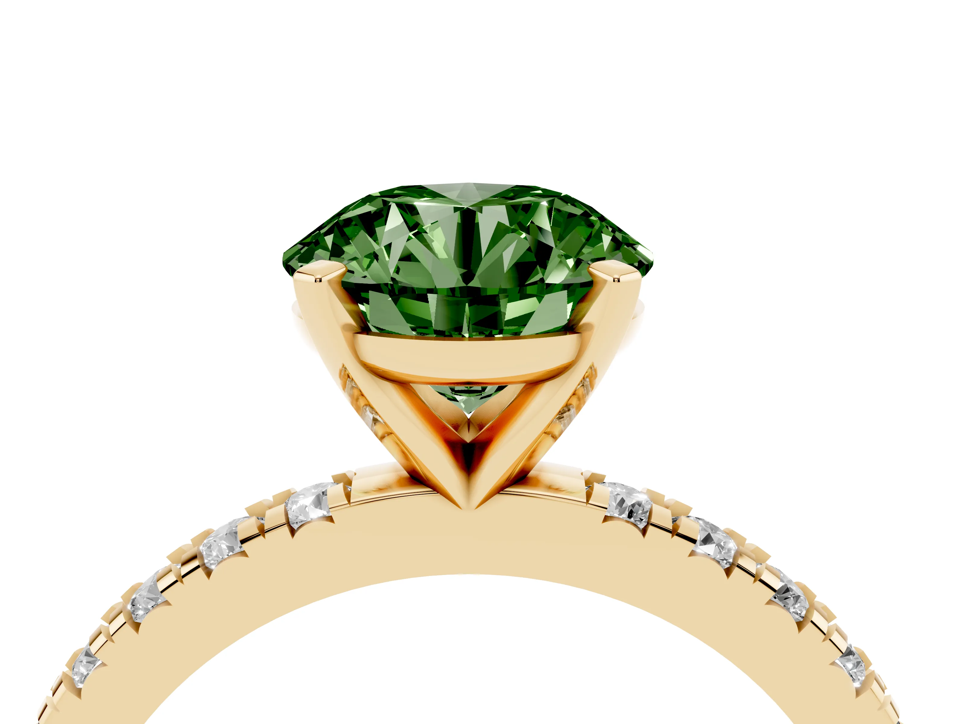 Fancy Green Round Cut Diamond Pavé Band Solitaire Set in Yellow gold with Prong Setting