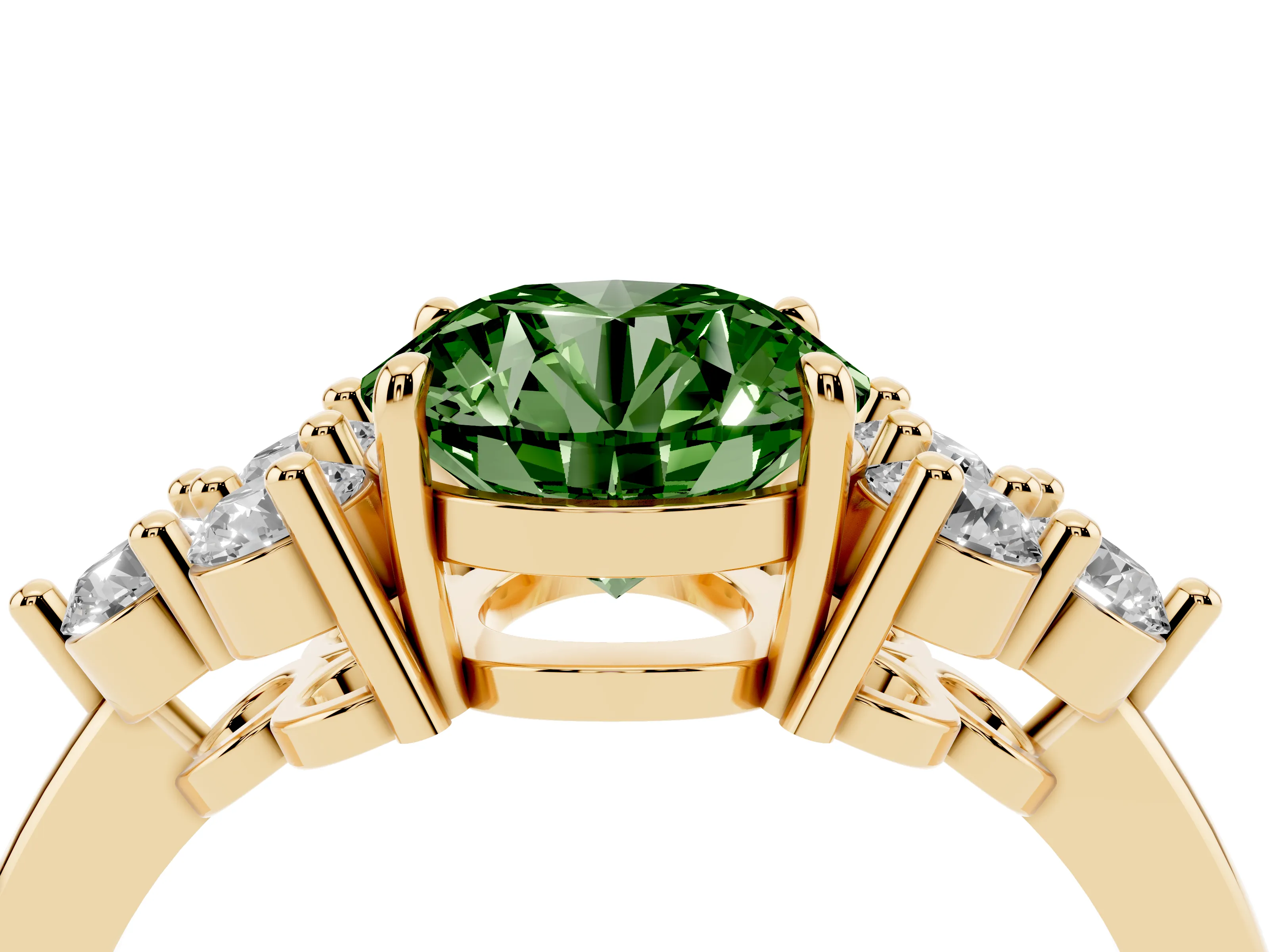 Fancy Green Round Cut Diamond Solitaire Ring Set in Yellow gold with Cluster Accents on Each Side