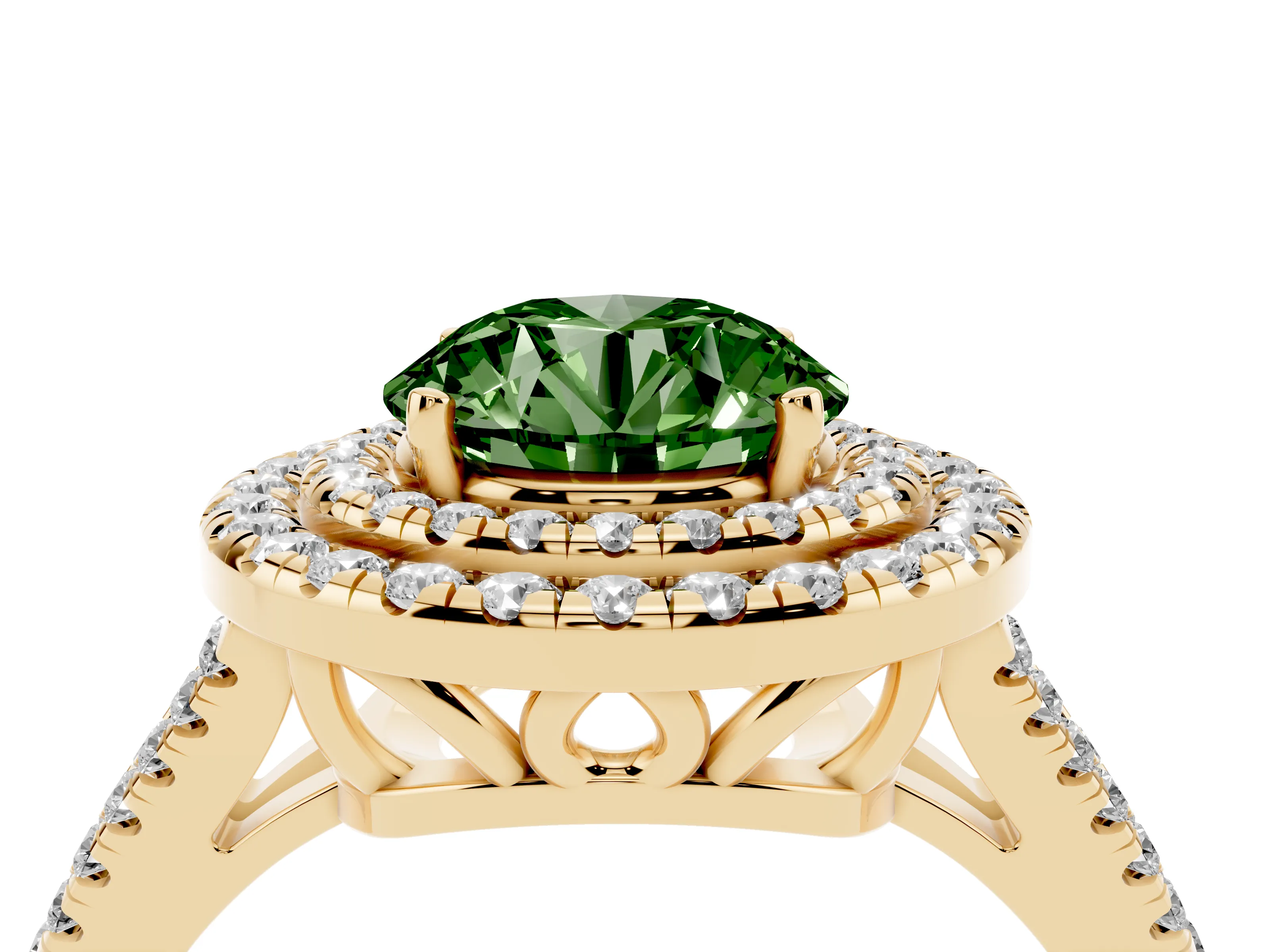 Fancy Green Round Cut Diamond Double Halo Ring Set in Yellow gold with Pavé Band