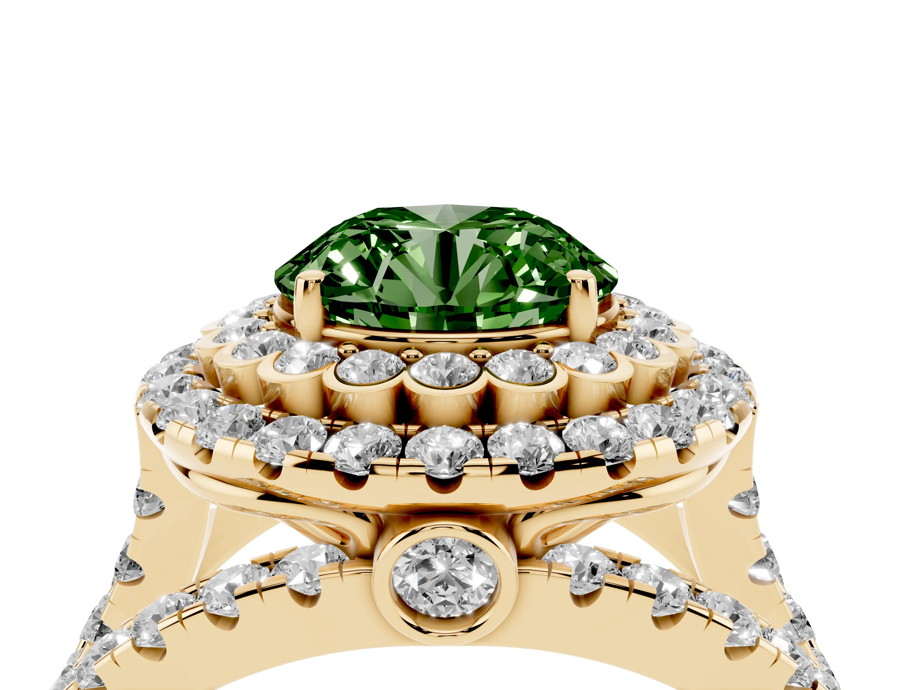 Fancy Green Round Cut Diamond Double Halo Ring Set in Yellow gold with Round Pavé Split Shank