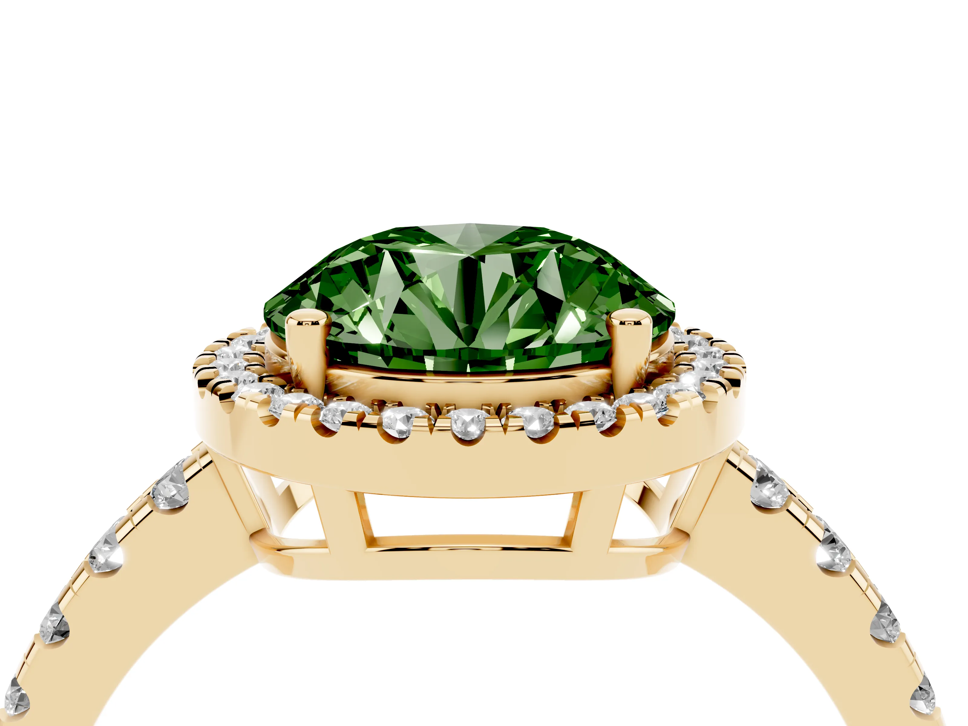 Fancy Green Round Cut Diamond Halo Ring Set in Yellow gold with Delicate Pavé Band and Prong Setting
