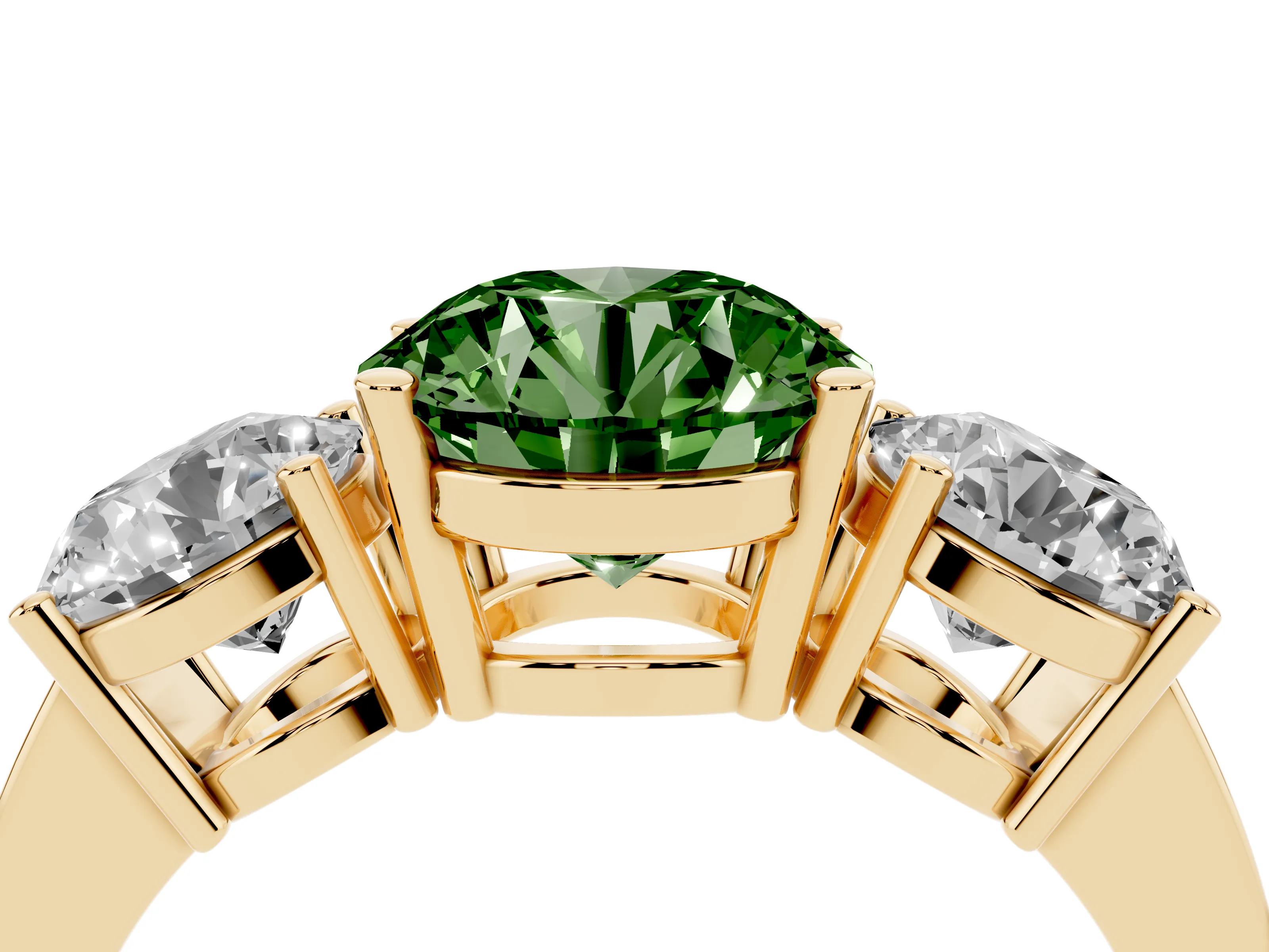 Fancy Green Round Cut Diamond Three-Stone Engagement Ring Set in Yellow gold with Flat Band