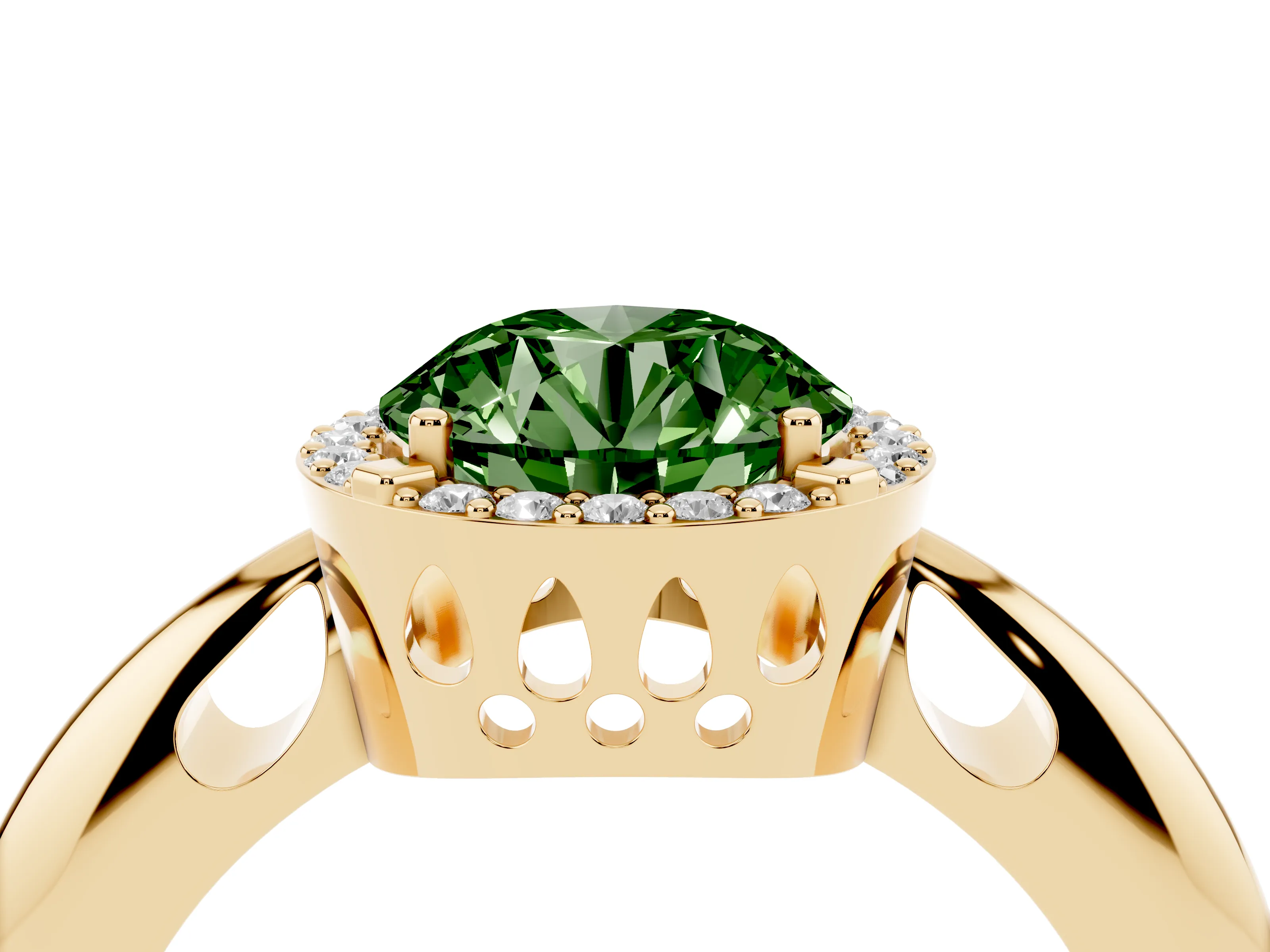 Fancy Green Round Cut Diamond Halo Engagement Ring Set in Yellow gold with Plain Split Shank and Prong Setting