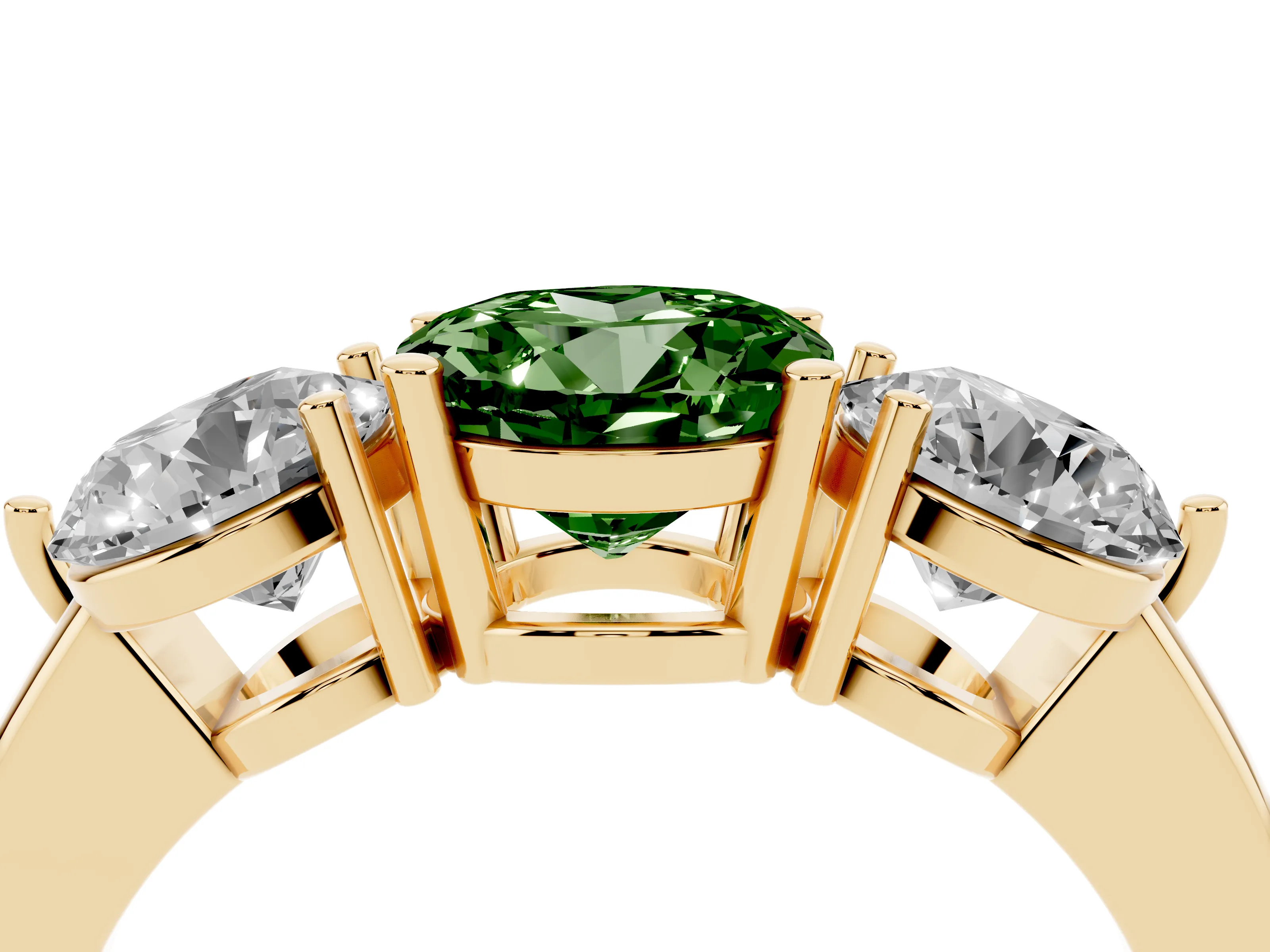 Fancy Green Round Cut Diamond Three-Stone Ring Set in Yellow gold with Prong Setting and Plain Band