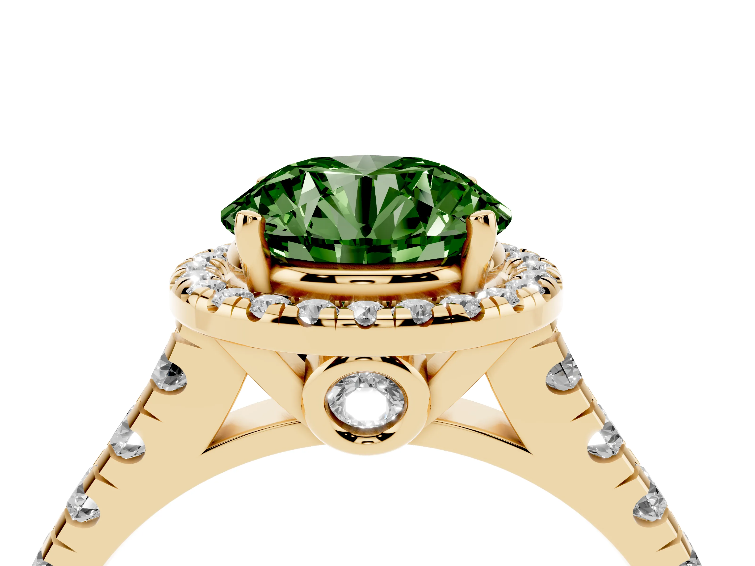 Fancy Green Round Cut Diamond Halo Engagement Ring Set in Yellow gold with Pavé Band and Prong-Set Center