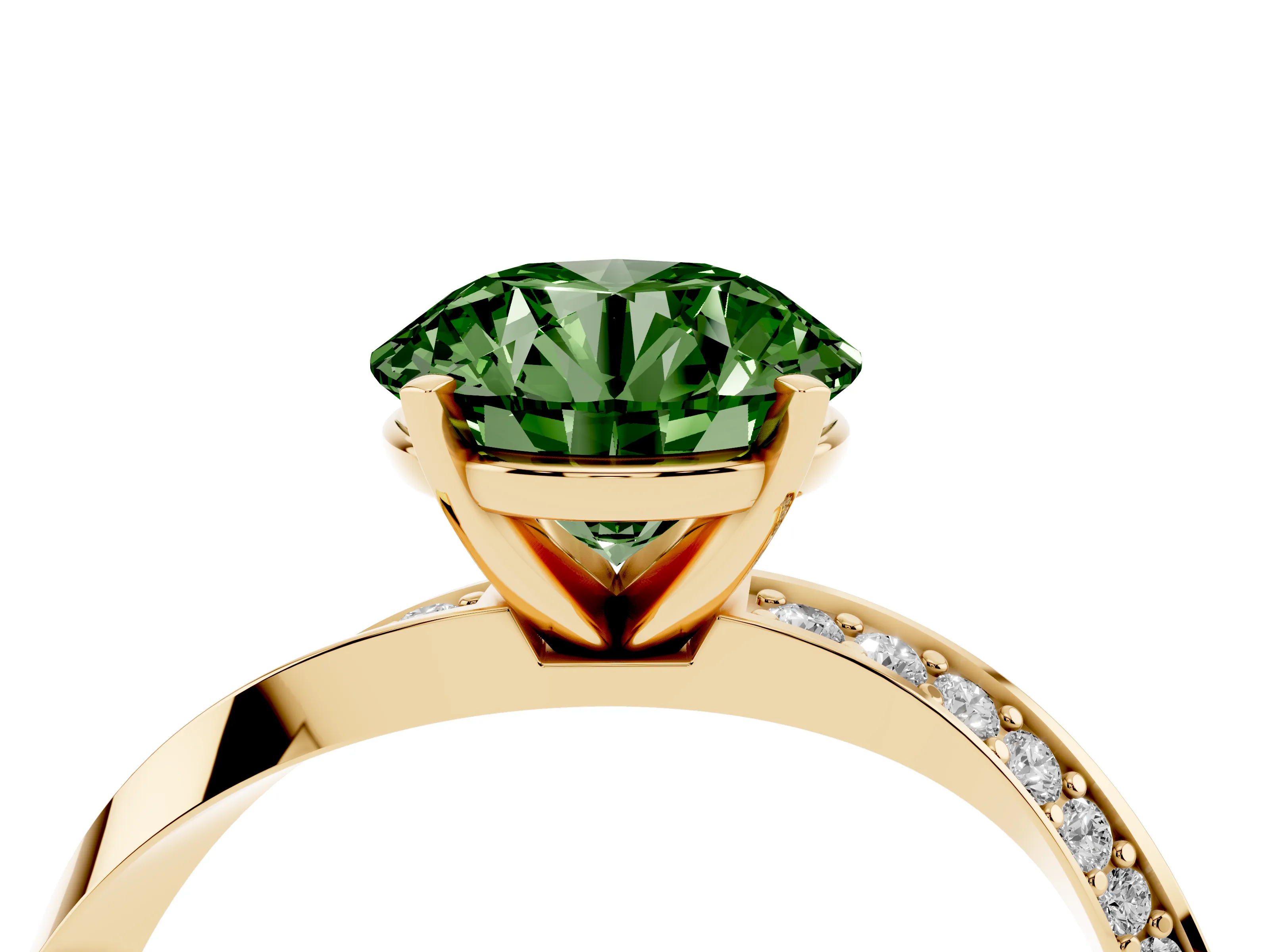 Fancy Green Round Cut Diamond Engagement Ring Set in Yellow gold with Side Stone Accents and Prong Setting