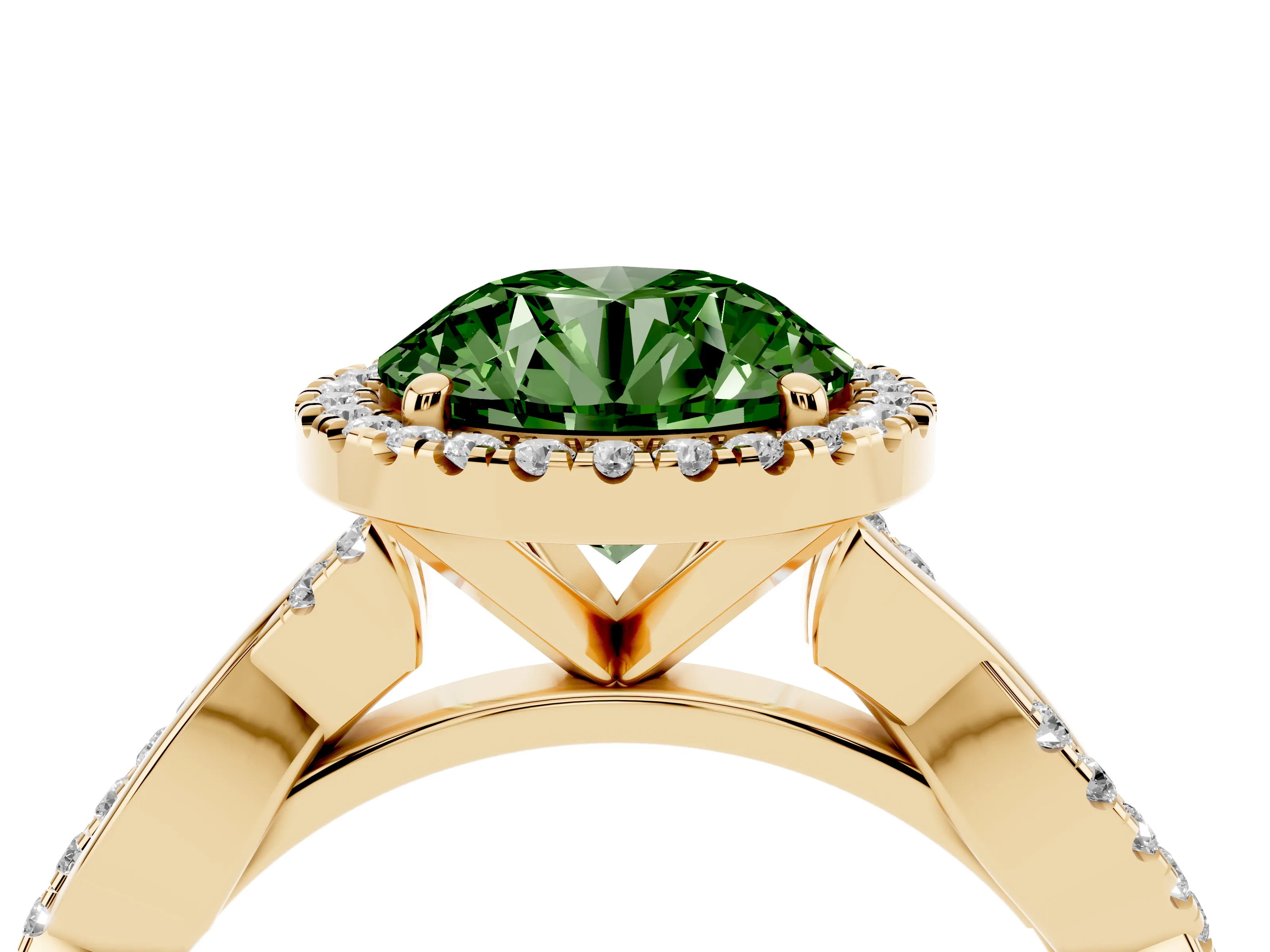 Fancy Green Round Cut Diamond Halo Twisted Band Ring Set in Yellow gold with Prong Setting