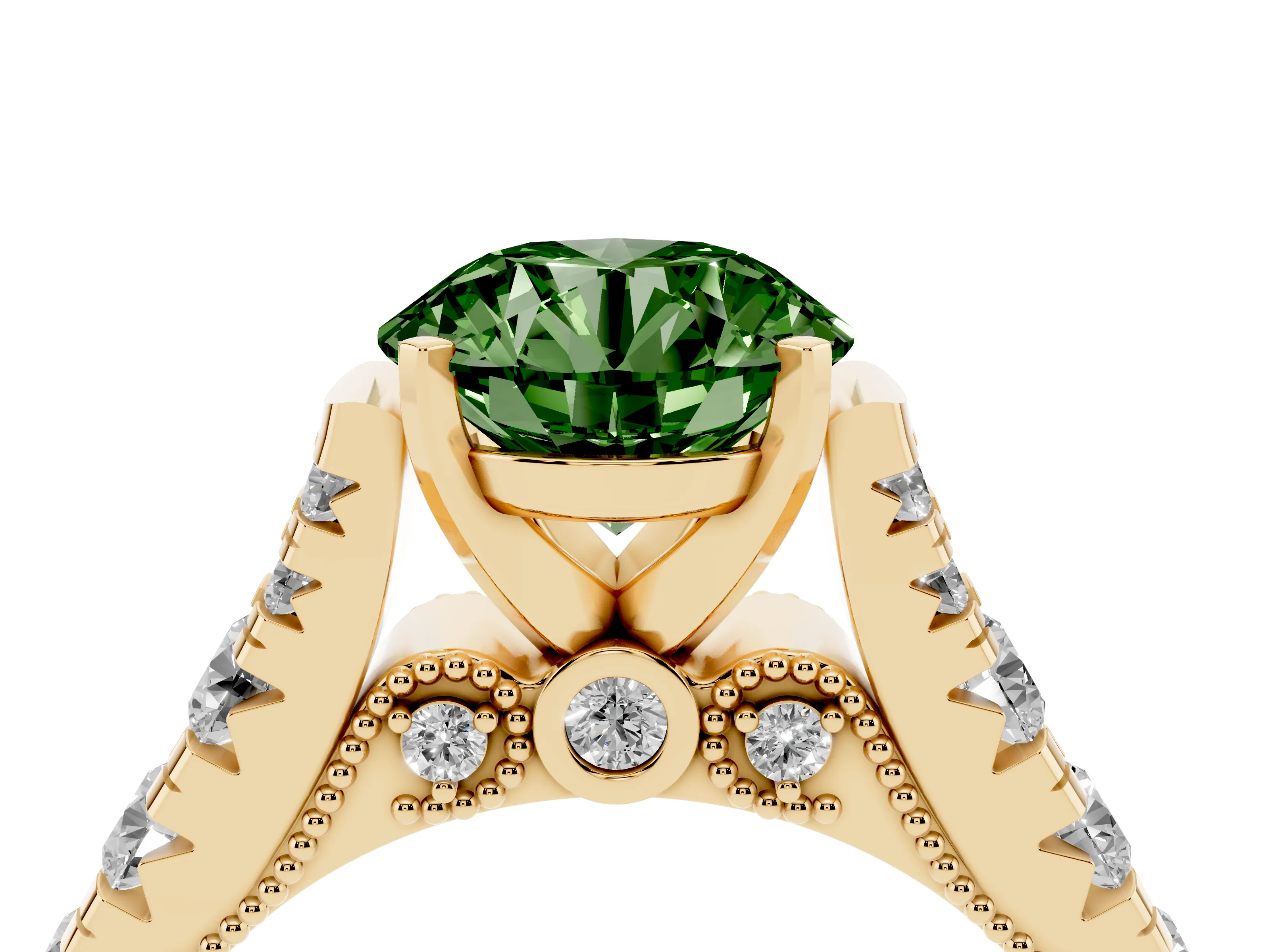 Fancy Green Round Cut Diamond Classic Solitaire Ring Set in Yellow gold with Pavé Band and Prong Setting