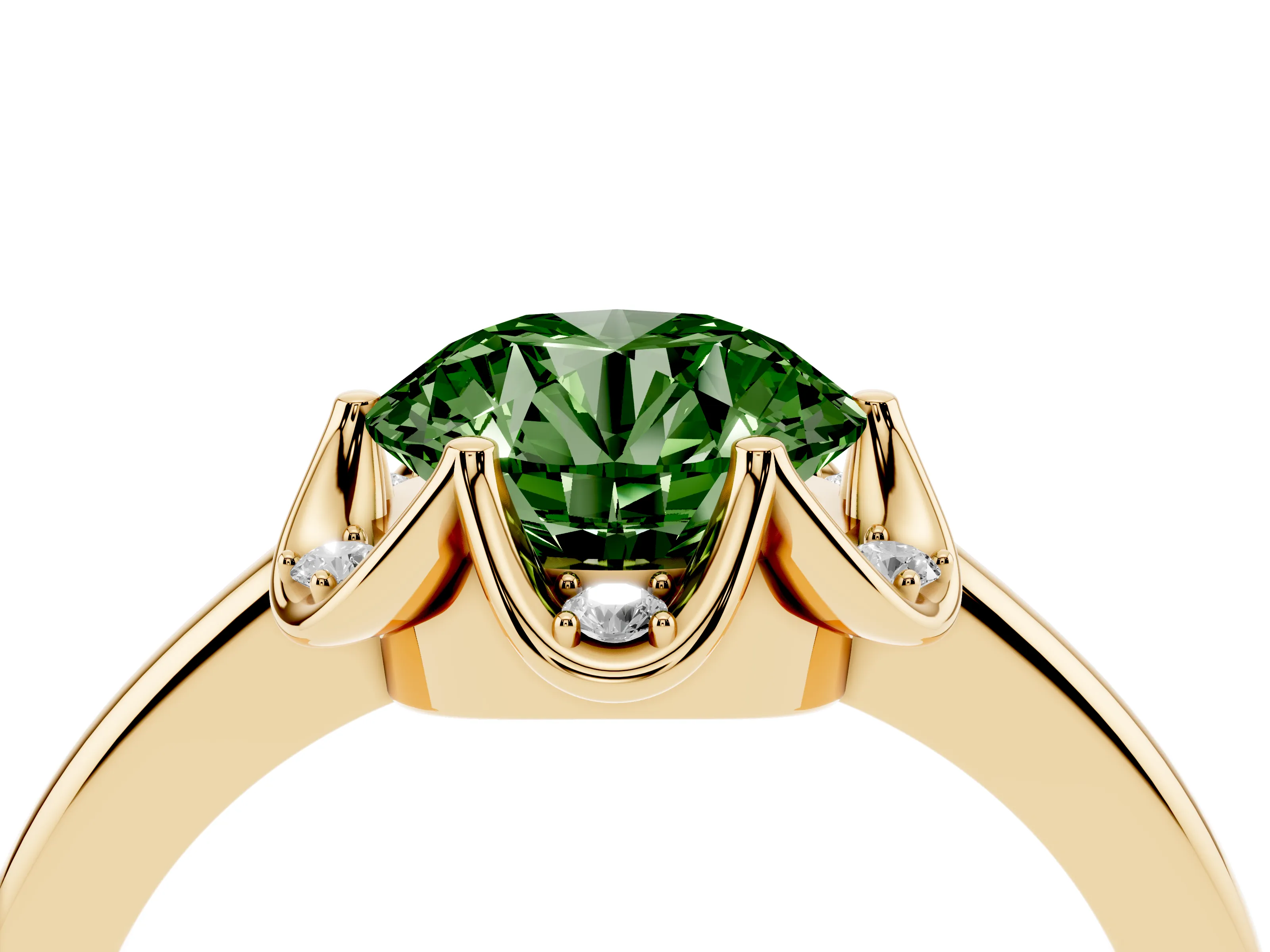 Fancy Green Round Cut Diamond Round Cluster Halo Ring Set in Yellow gold with Solitaire Band and Prong Setting