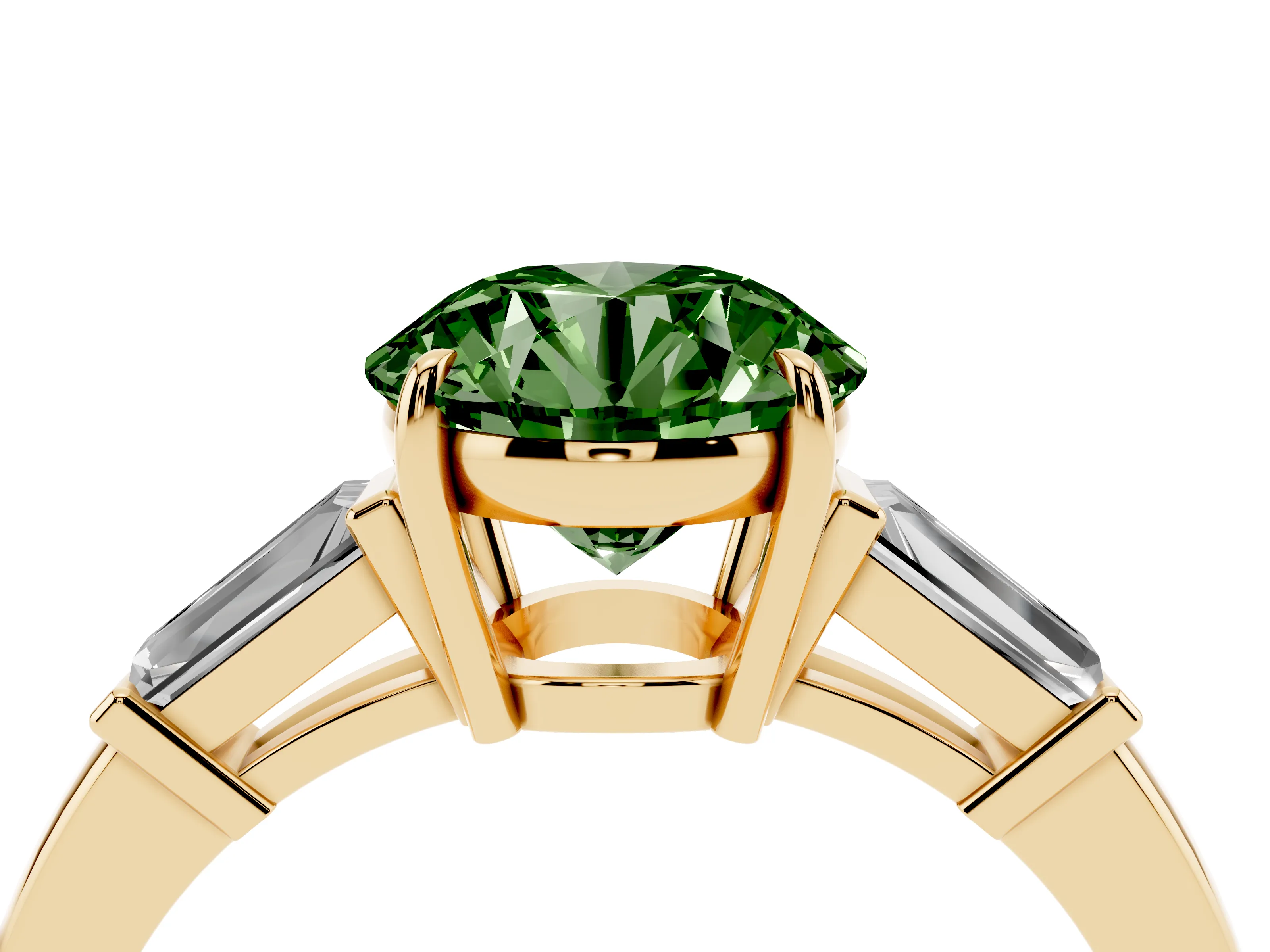 Fancy Green Round Cut Diamond Three-Stone Ring Set in Yellow gold with Tapered Baguette Side Stones and Prong Setting