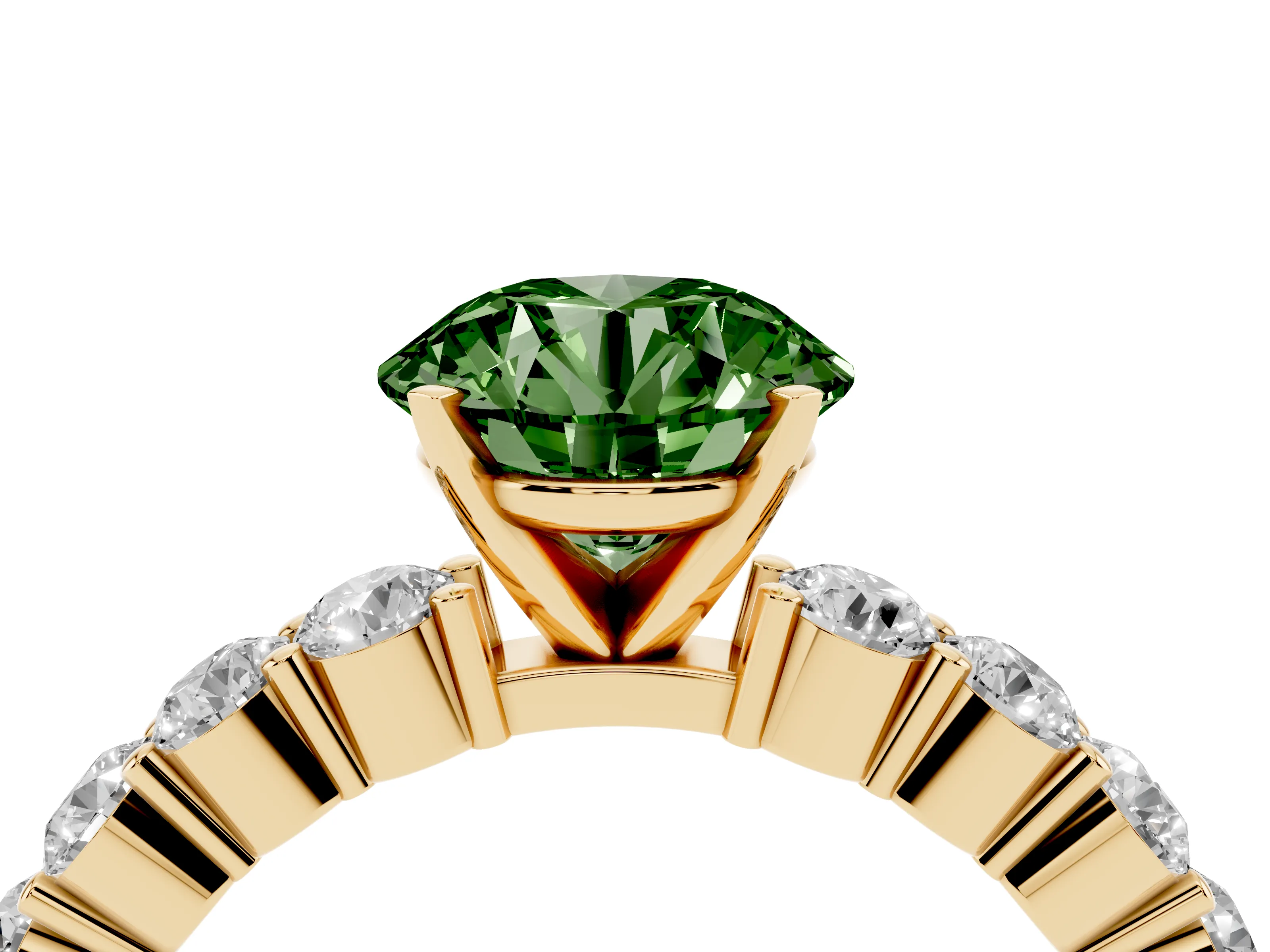 Fancy Green Round Cut Diamond Solitaire Ring Set in Yellow gold with Shared Prong Round Side Stones