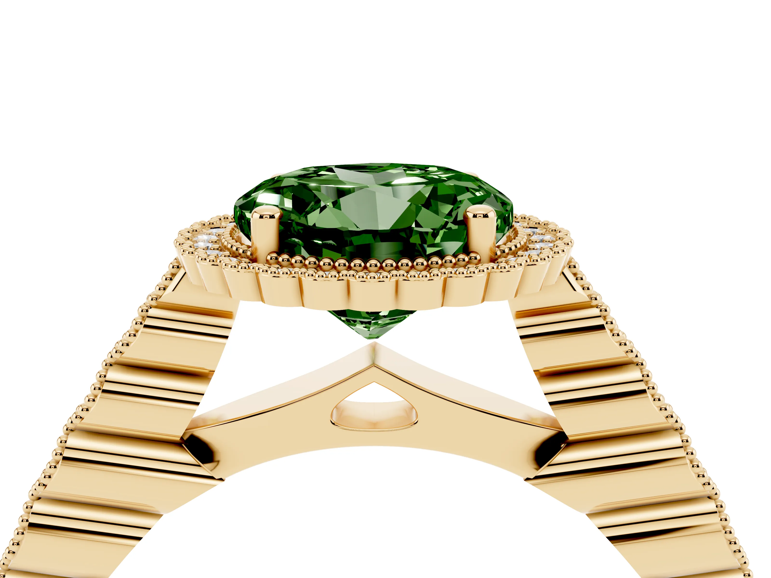 Fancy Green Round Cut Diamond Halo Ring Set in Yellow gold with Pavé Milgrain Band