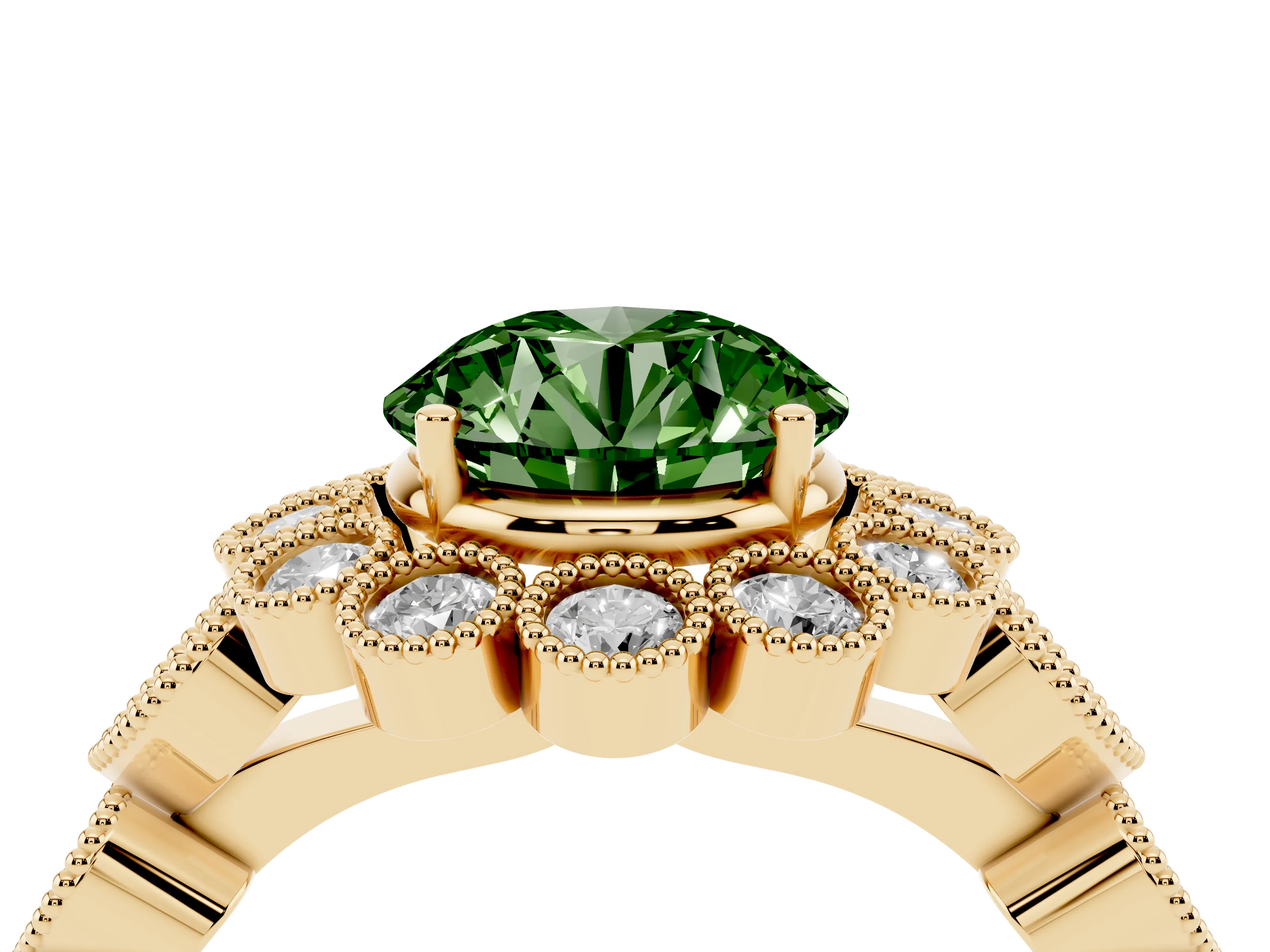 Fancy Green Round Cut Diamond Solitaire Ring Set in Yellow gold with Milgrain Pavé Heart Band