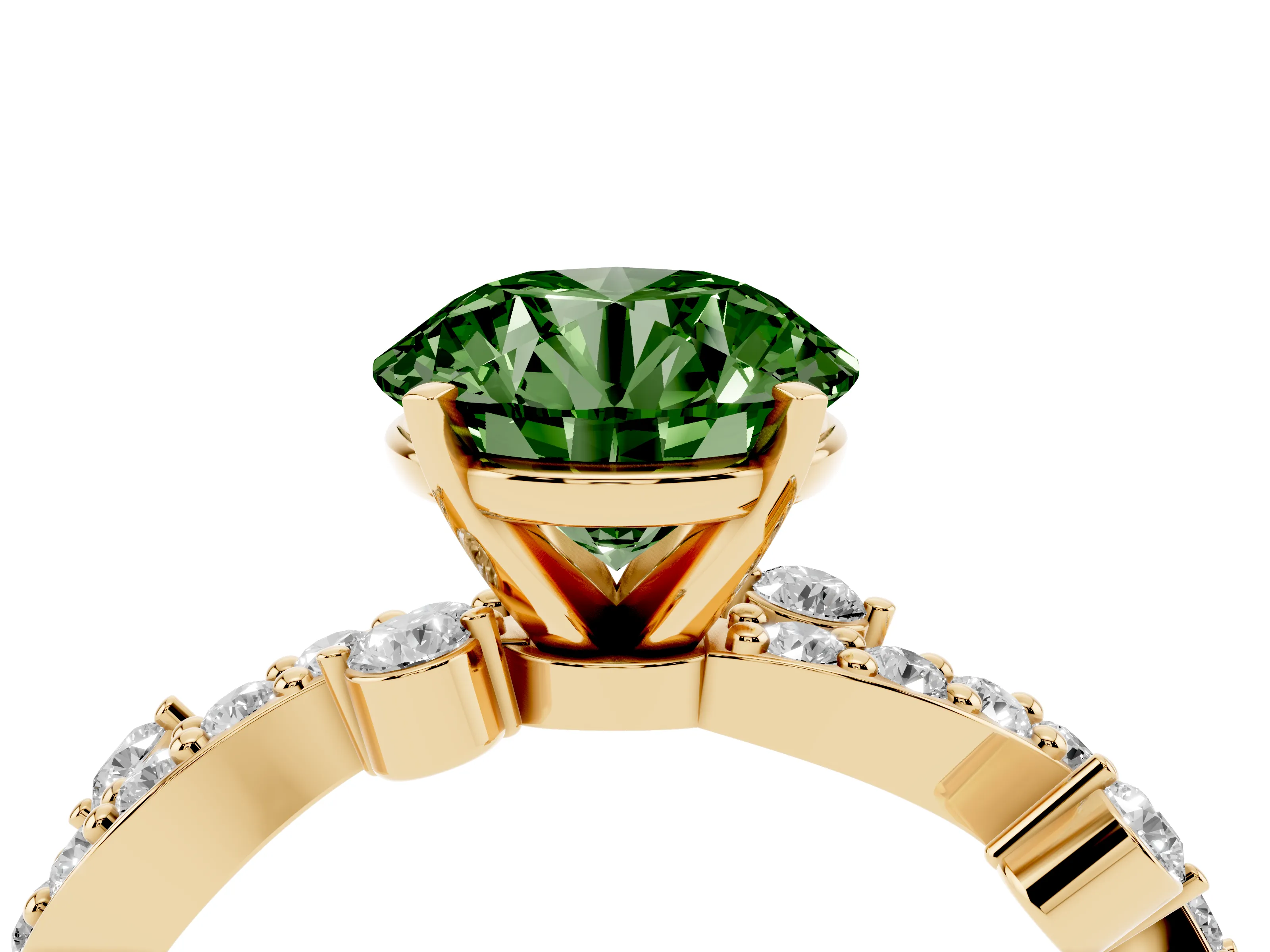Fancy Green Round Cut Diamond Solitaire Twisted Band Set in Yellow gold with Pavé Setting