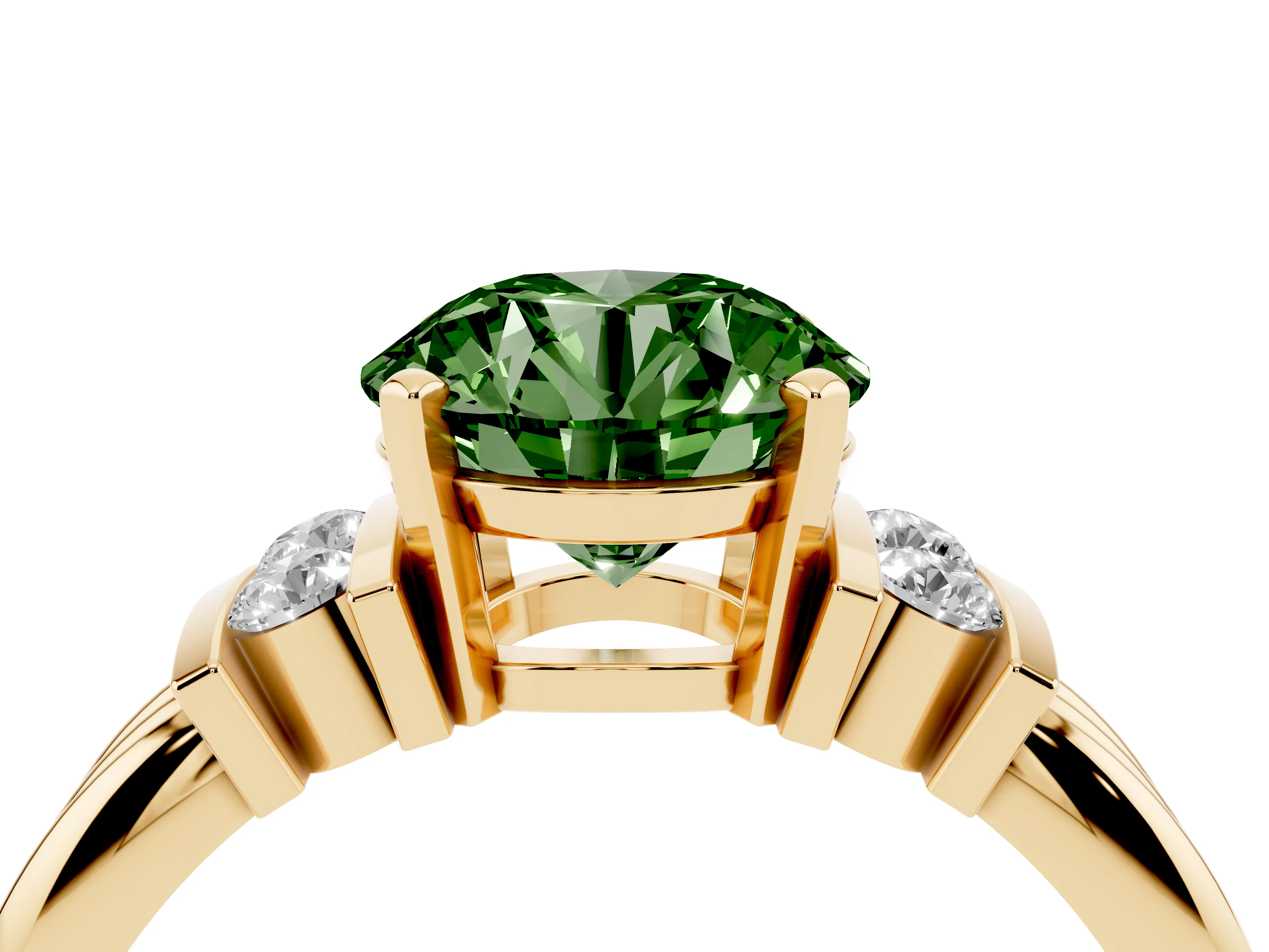 Fancy Green Three-Stone Round Cut Diamond Channel Set Ring Set in Yellow gold with Bar Prongs
